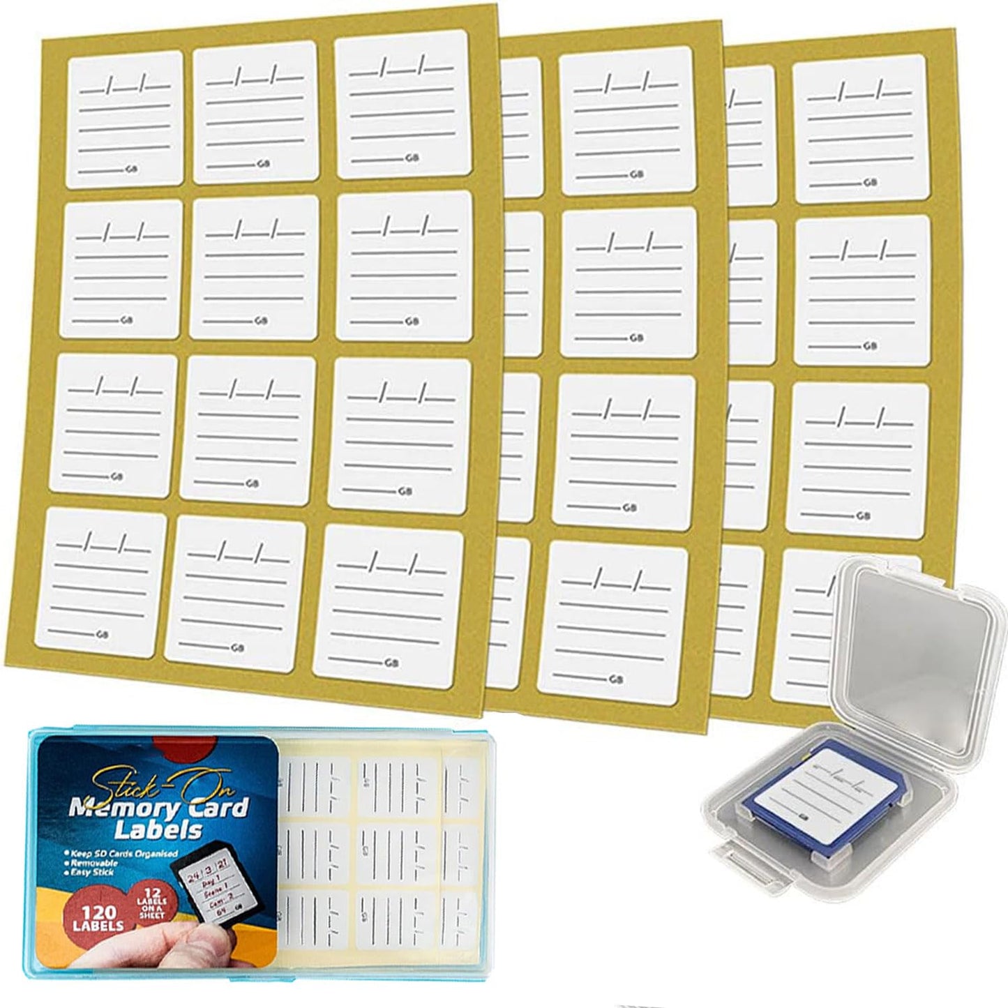 (120 Count) SD Card Labels Flash Drive Labels Stickers with 6 Free SD Card Cases & Container Multi-use Writable & Removable Stick-On Camera Memory Card Labels Multicolor