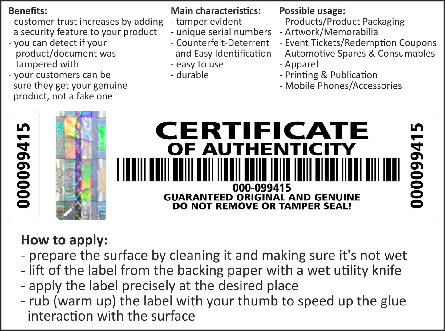 250 pcs High Security Certificate of Authenticity Labels Security Stickers with Hologram Stripe and Extra Label with Serial Number 2.75 x 0.78 inch