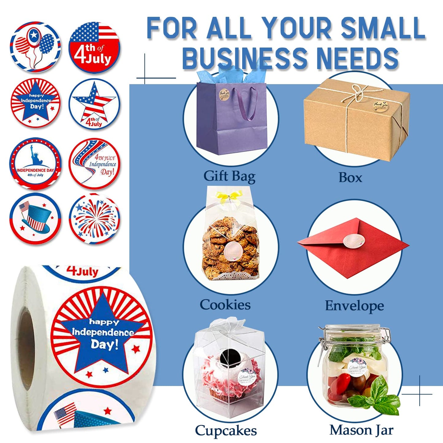 500Pcs Independence Day Label Stickers Roll 4th of July Envelope Seals Stickers Patriotic Party USA Flag Star Balloon Adhesive 1.5inch Round Labels Wrapping Paper for Card Gift Bags Decor 8 Designs 4th of July 1
