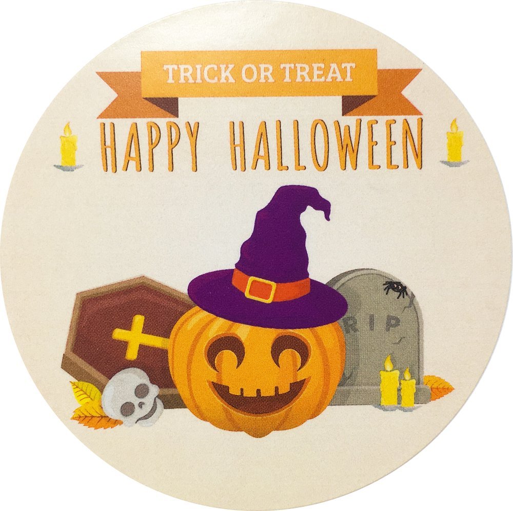 Happy Halloween Stickers 2.5 Inch Round Circle Dots 4 Different Designs 100 Total Adhesive Stickers
