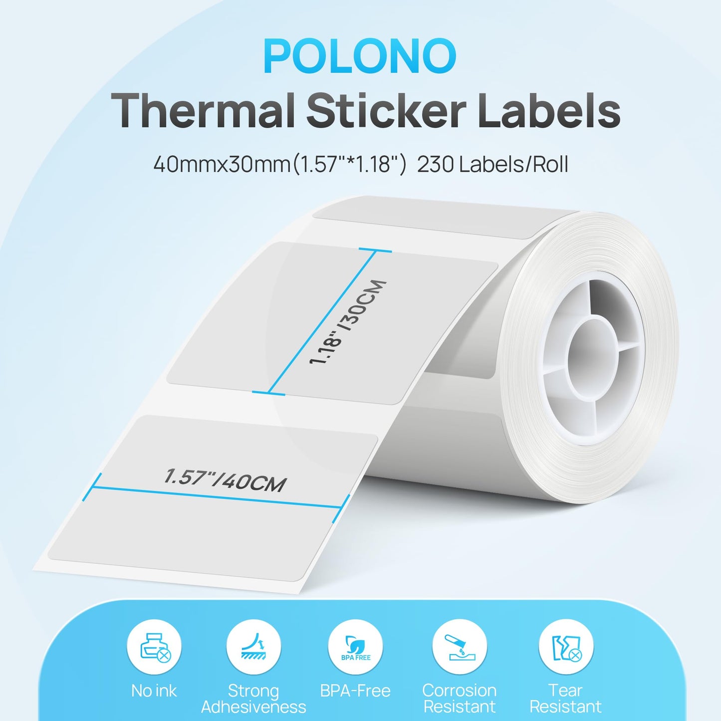 POLONO Thermal Labels for PM220S Label Maker, 1.57"x1.18" (40x30mm), Multi-Purpose Thermal Sticker Label Tape, Self-Adhesive Thermal Paper for Home, Office, 230 Labels/1Roll, Clear