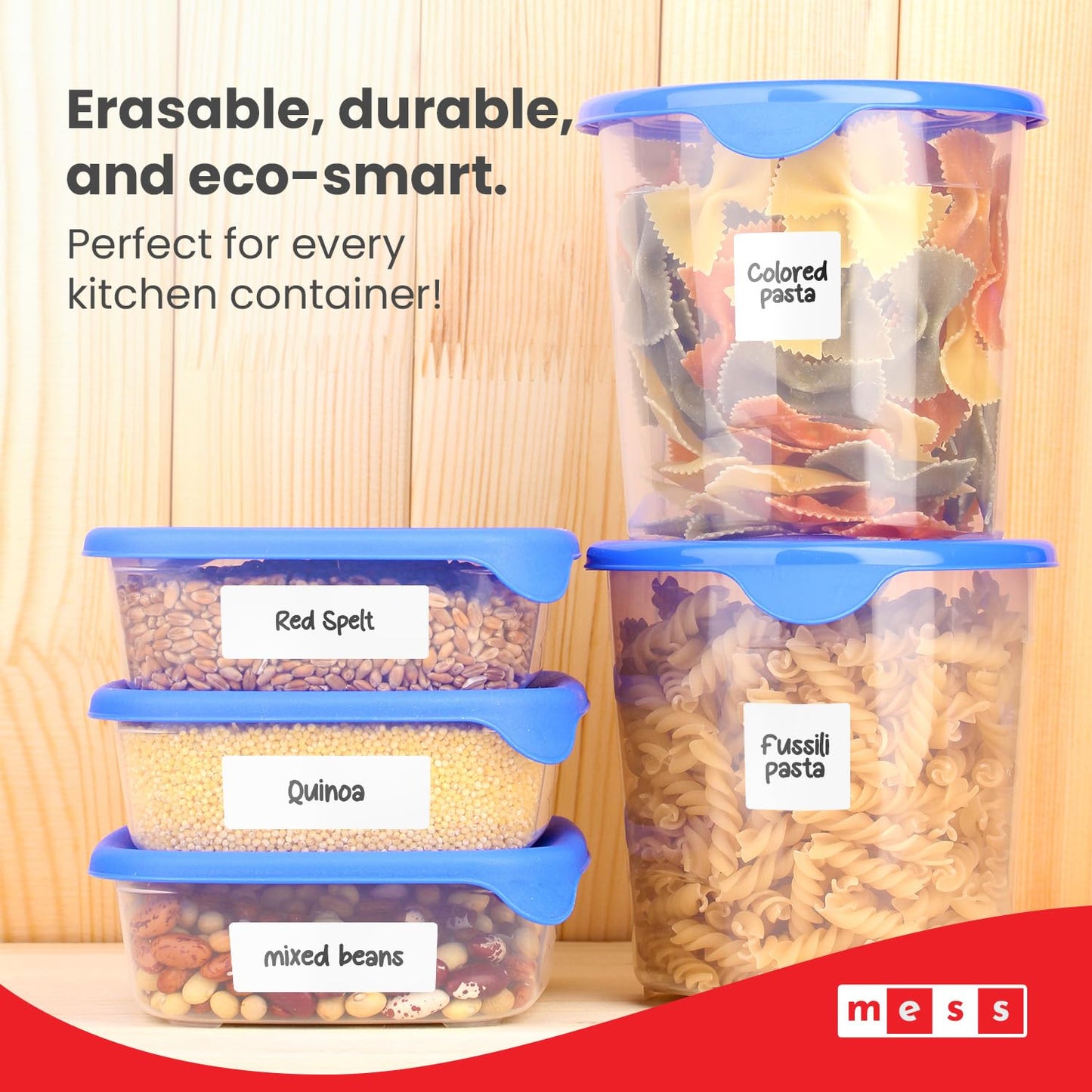 MESS Removable Food Labels for Containers (96-Pack) 1x3" & 1.5" Erasable Kitchen Labels for Organizing, Freezer & Fridge, White Dry Erase Labels for Jars 1x3" & 1.5"