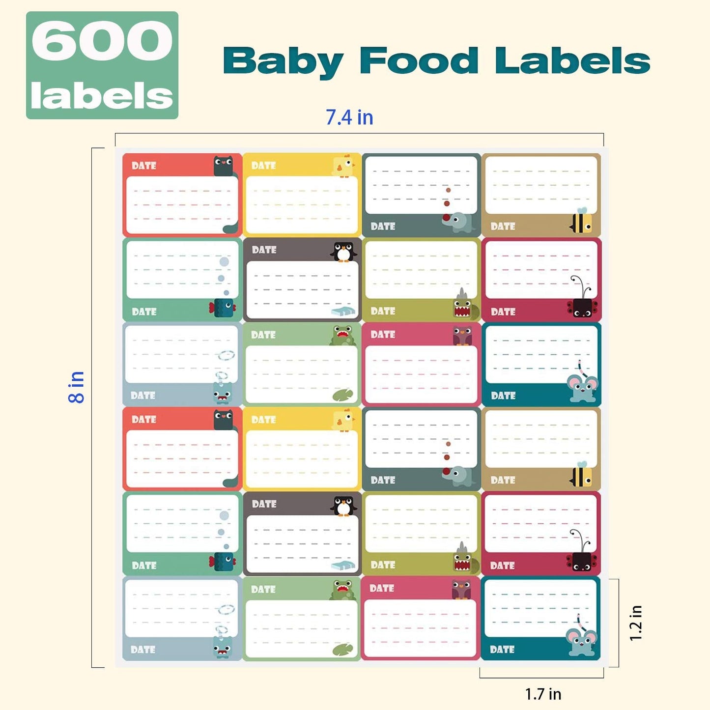600Pcs Food Labels, Write On Name Tags, Bottle Container Bag Date Labels, 12 Animal Designs Cute Stickers, All-Purpose Labels
