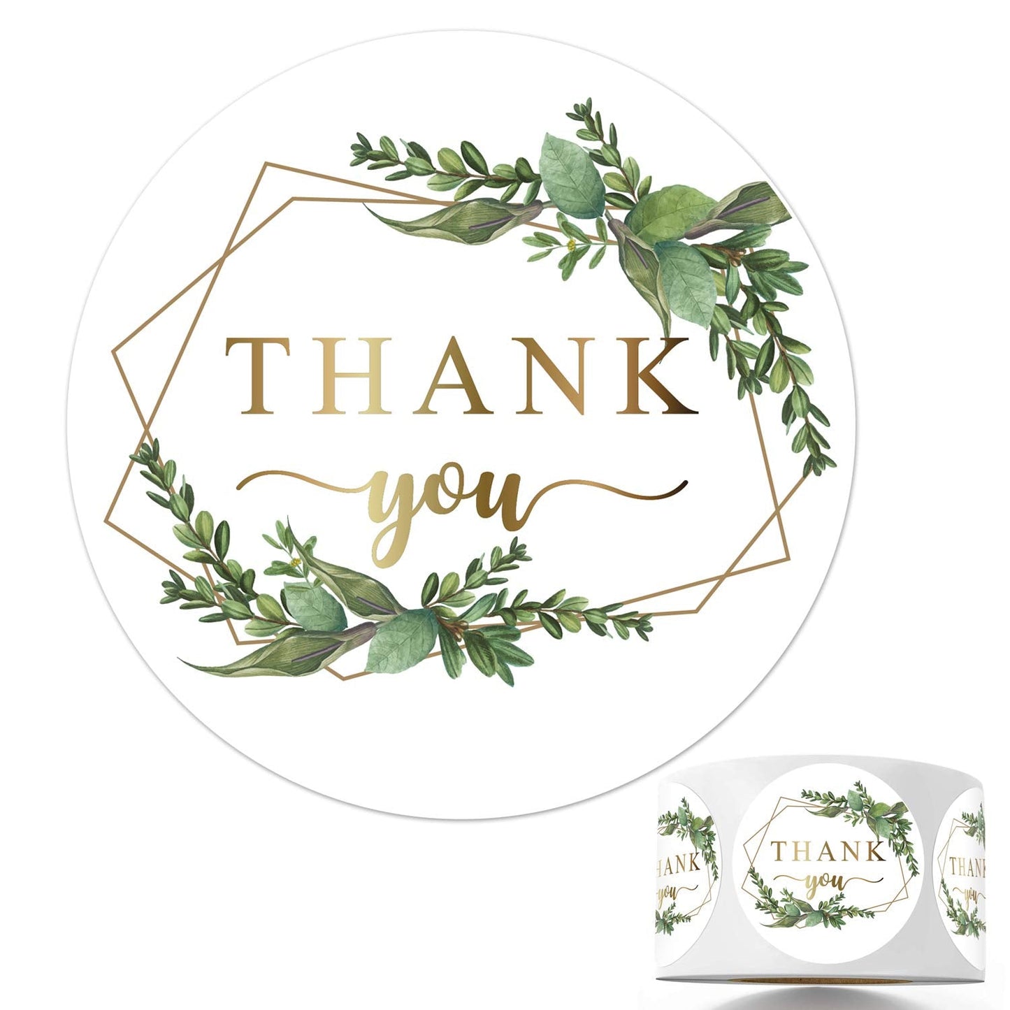 500 Chic Golden Greenery Frames Thank You Label Stickers, 1.4 Inches Circle Round Green Palm Leaves Wreath Thank You Stickers.
