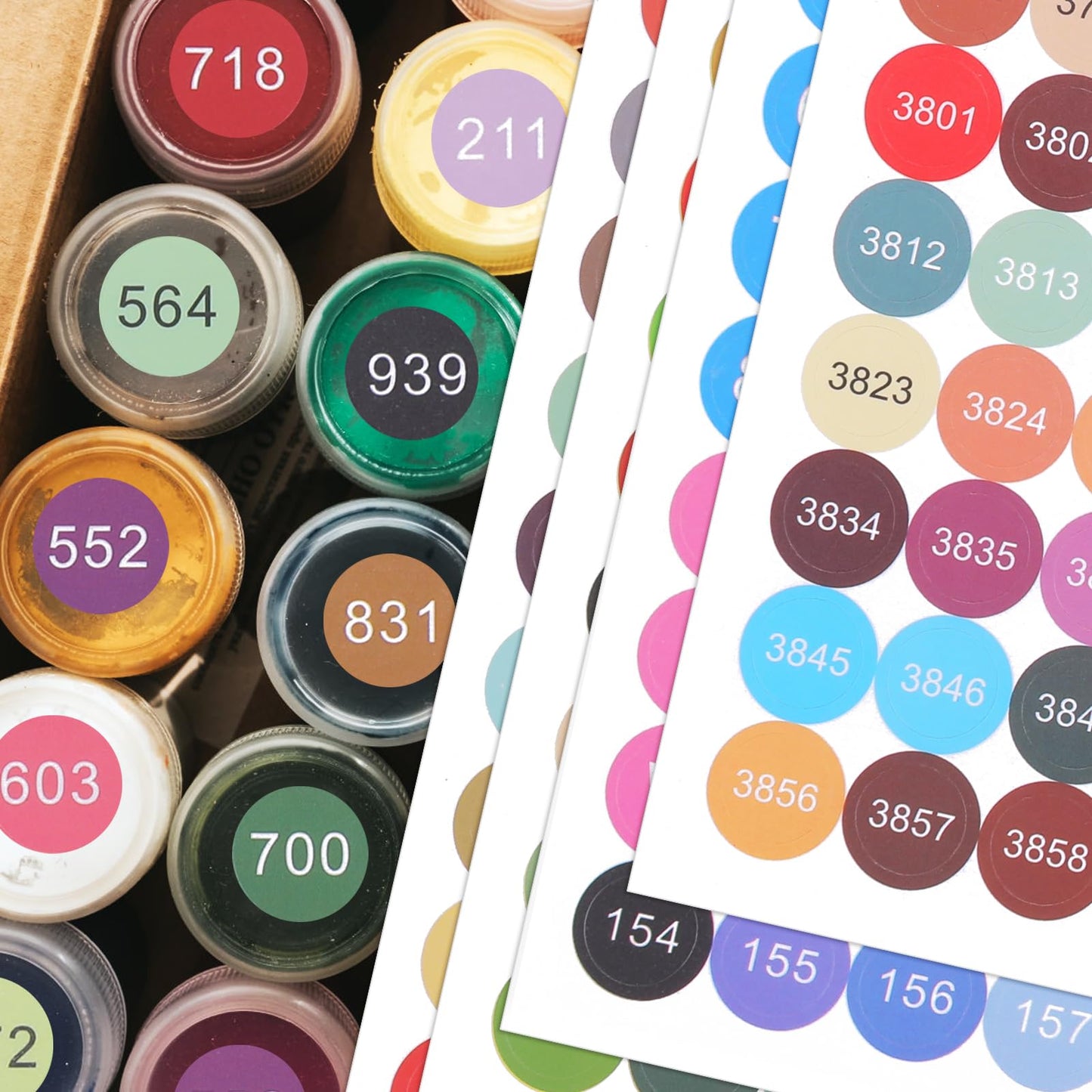 4 Sheets Color Number Stickers Dmc 447 Round Diamond Labels Painting Multicolored Labels Art Stickers for Painting Boxes Containers