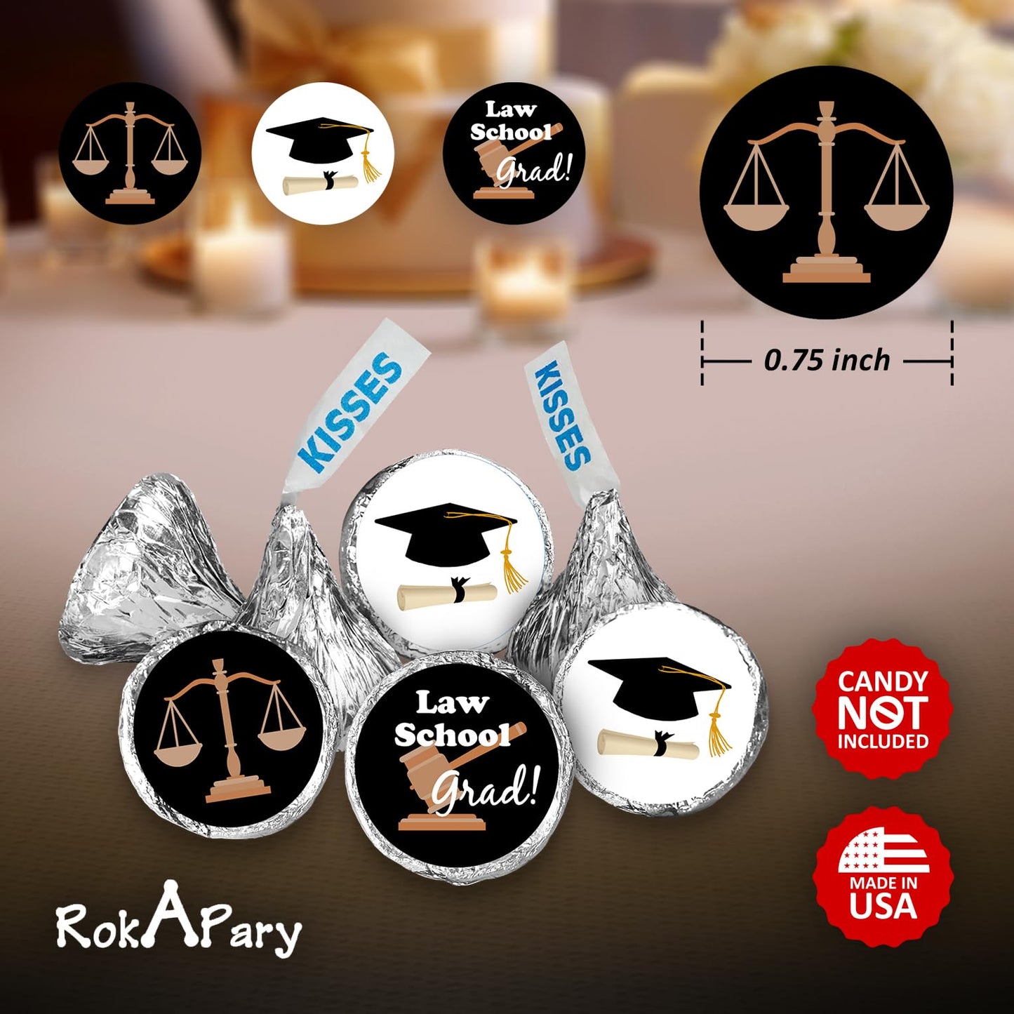 216 Law School Graduation Party Kisses Stickers Labels, Lawyer School Grad Party Decorations. Candy NOT Included. Made in USA