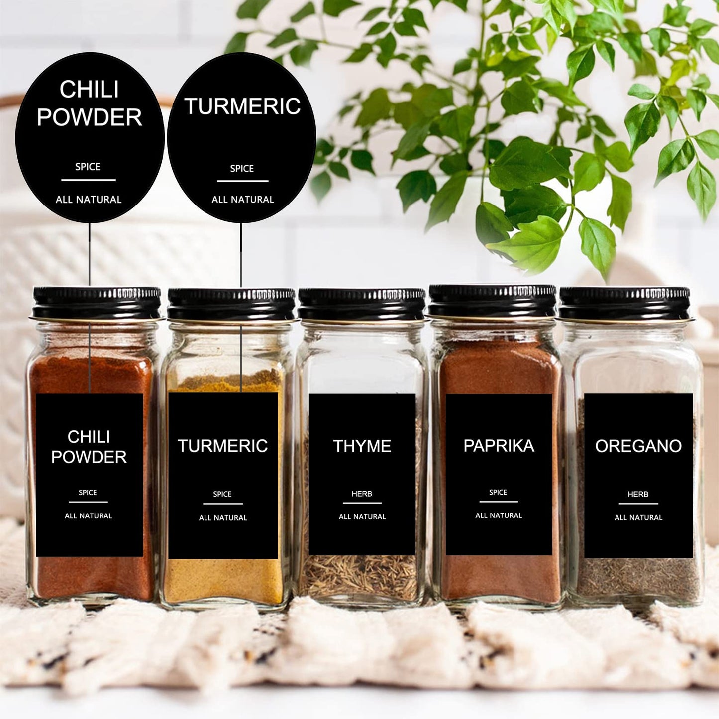 191 Spice Jar Labels Preprinted Minimalist Stickers - Matte Black Waterproof Label - Fit Round or Rectangle Spice Jars - Herb Seasoning Kitchen Pantry Labels 191 Spice Labels(no Jars)