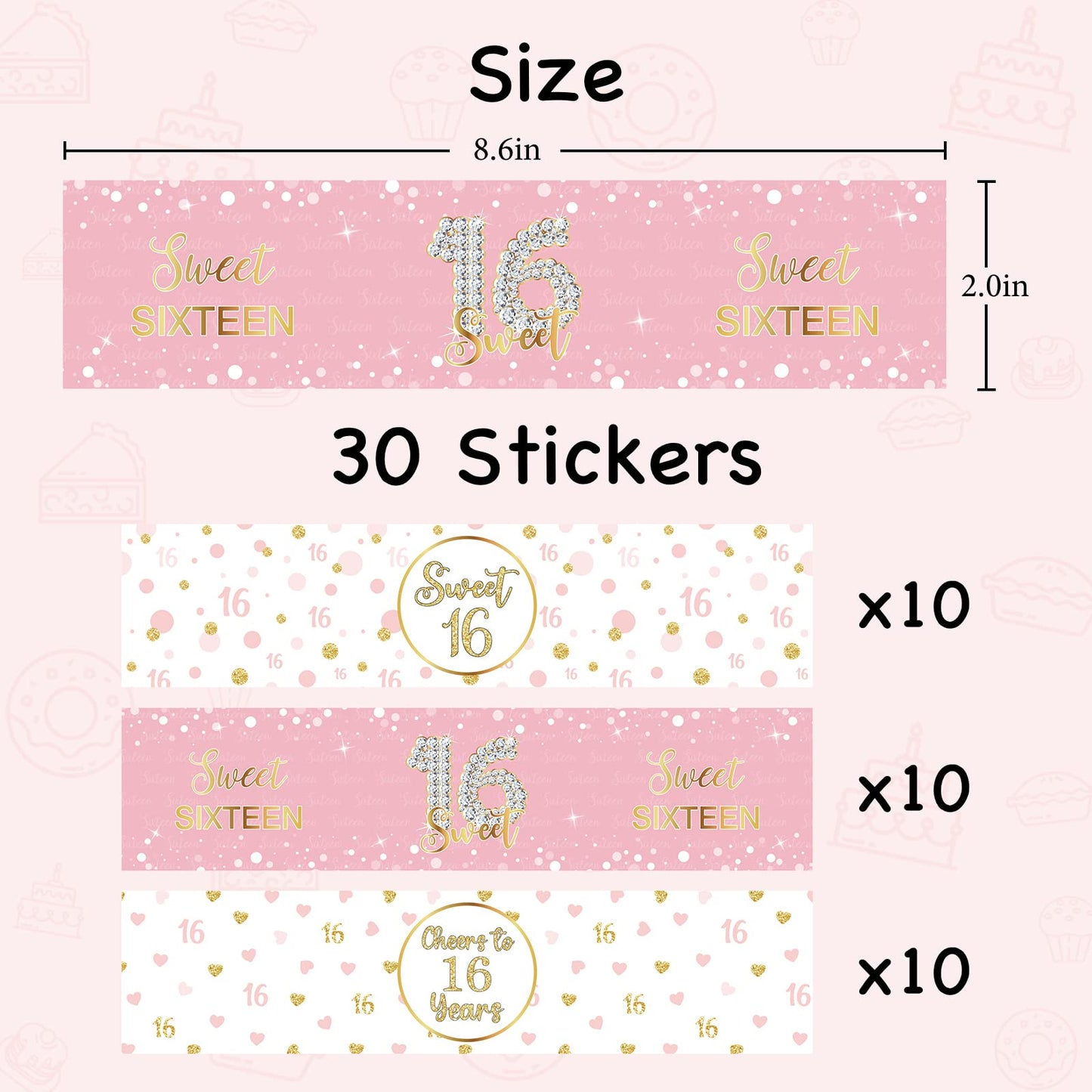Sweet Sixteen Water Bottle Labels, Cheers to 16 Years Stickers, for Girl Happy 16th Birthday Labels Sign Pink and White - 30 Pcs