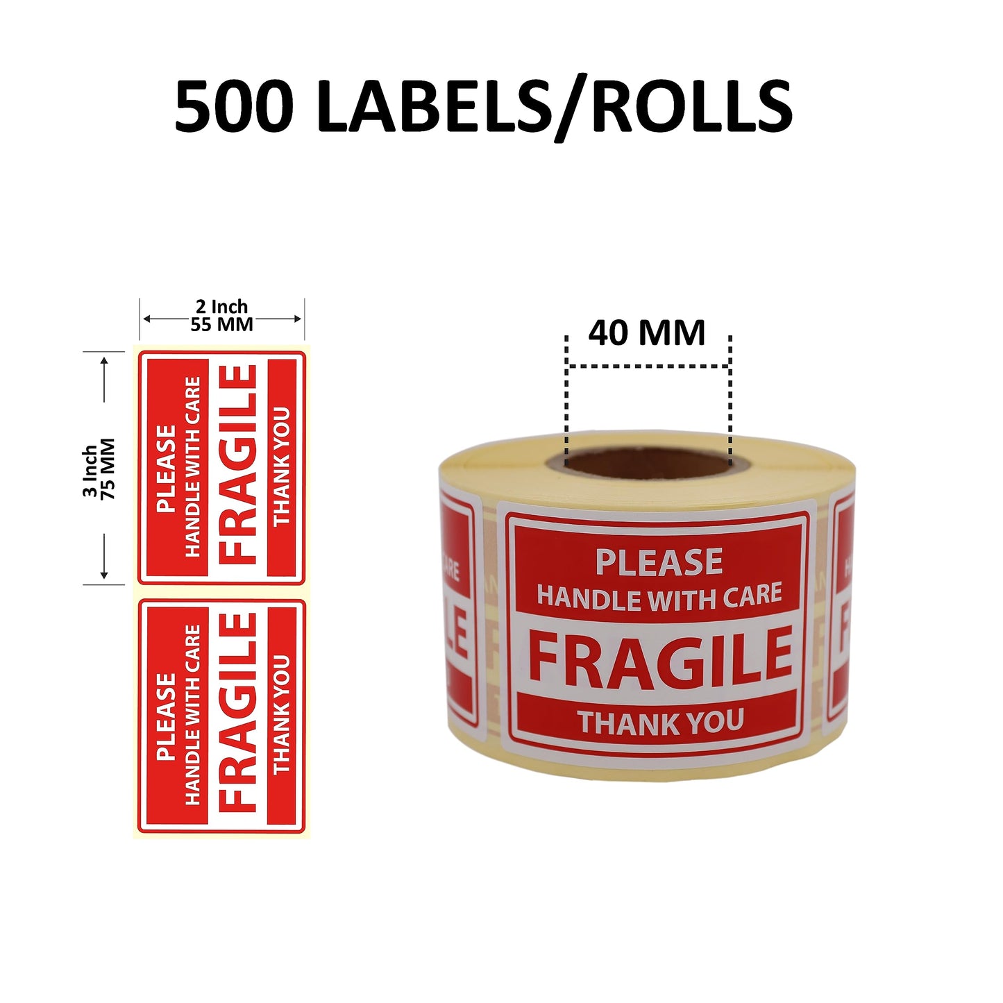 2 x 3 Inch Fragile Stickers for Shipping, Moving and Packing, Please Handle with Care Fragile Thank You Do Not Drop, Warning Stickers Fragile Labels, Permanent Adhesive 500 Labels, 1 Roll