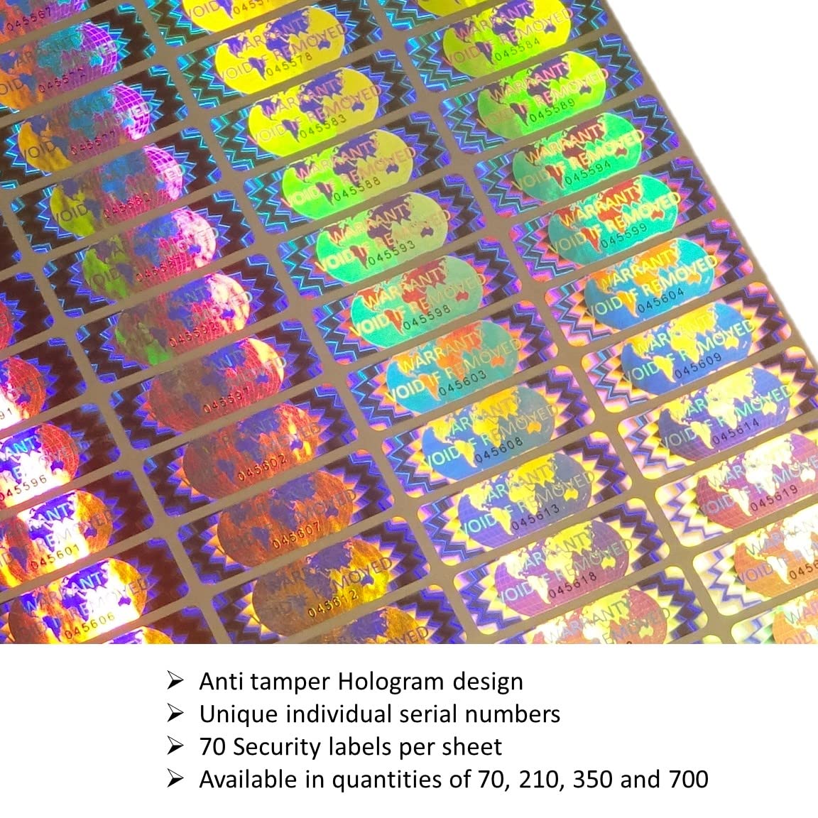 70 Hologram Tamper Evident, Tamper Proof Stickers. Warranty Void If Removed. Individual Serial Numbers. Tamper Foil Tape Labels. Destroyed Upon Removal with Residual Text Left on Item. (70 Stickers) 70 Stickers