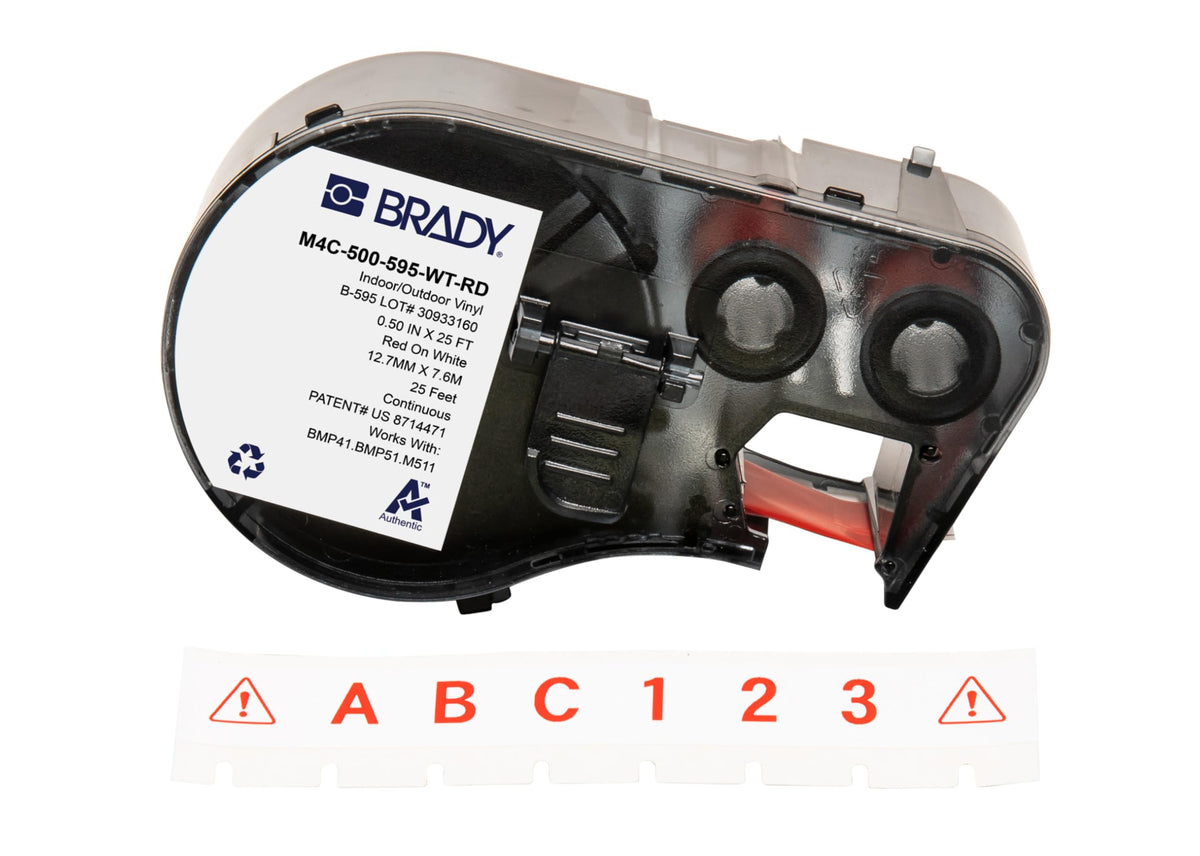 Brady Authentic (M4C-500-595-WT- RD) All-Weather Permanent Adhesive Vinyl Labels 0.5 in W x 25ft Red on White. for use with BMP41, BMP51, M410, M510, and M511 Label Printers.