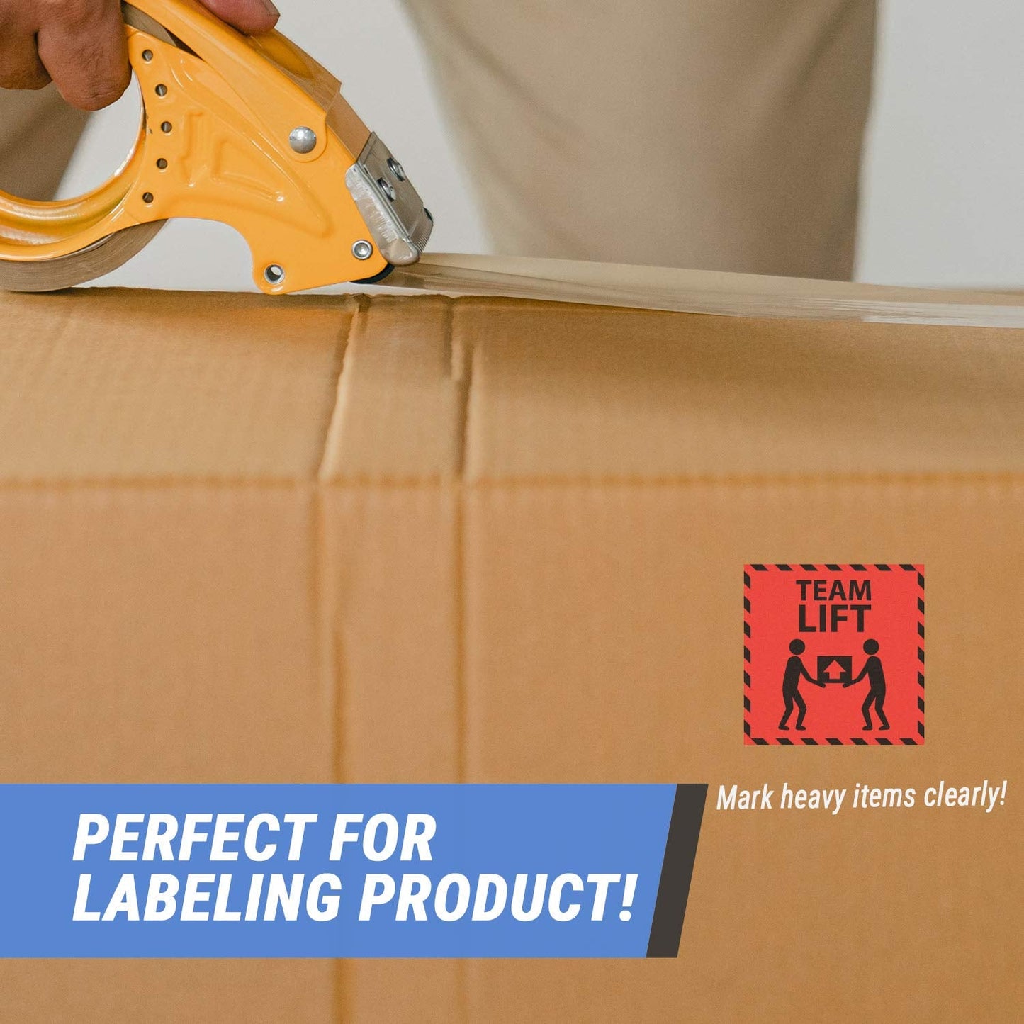 Team Lift Label Stickers - 3" x 3" Heavy Object Alert Home Moving Heavy Box Package Shipment - Caution Warning Labels Fragile Glass Moving Shipping Handling Boxes Packages - 1 Roll, 300 Count Red