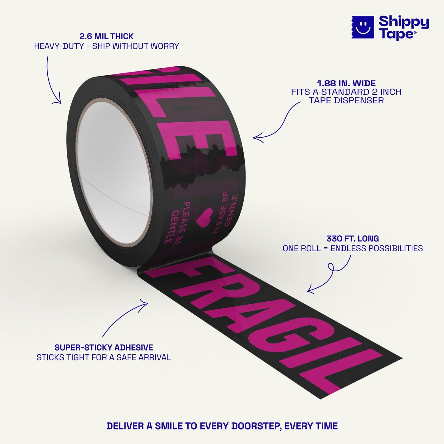 Fragile Packing Tape, Please Be Gentle, Pink Black Cute Designer Packaging and Shipping Tape for Small Business - Printed Tape for Moving, 1.88" x 110 Yards (330 feet) Fragile Please Be Gentle - Black/Pink