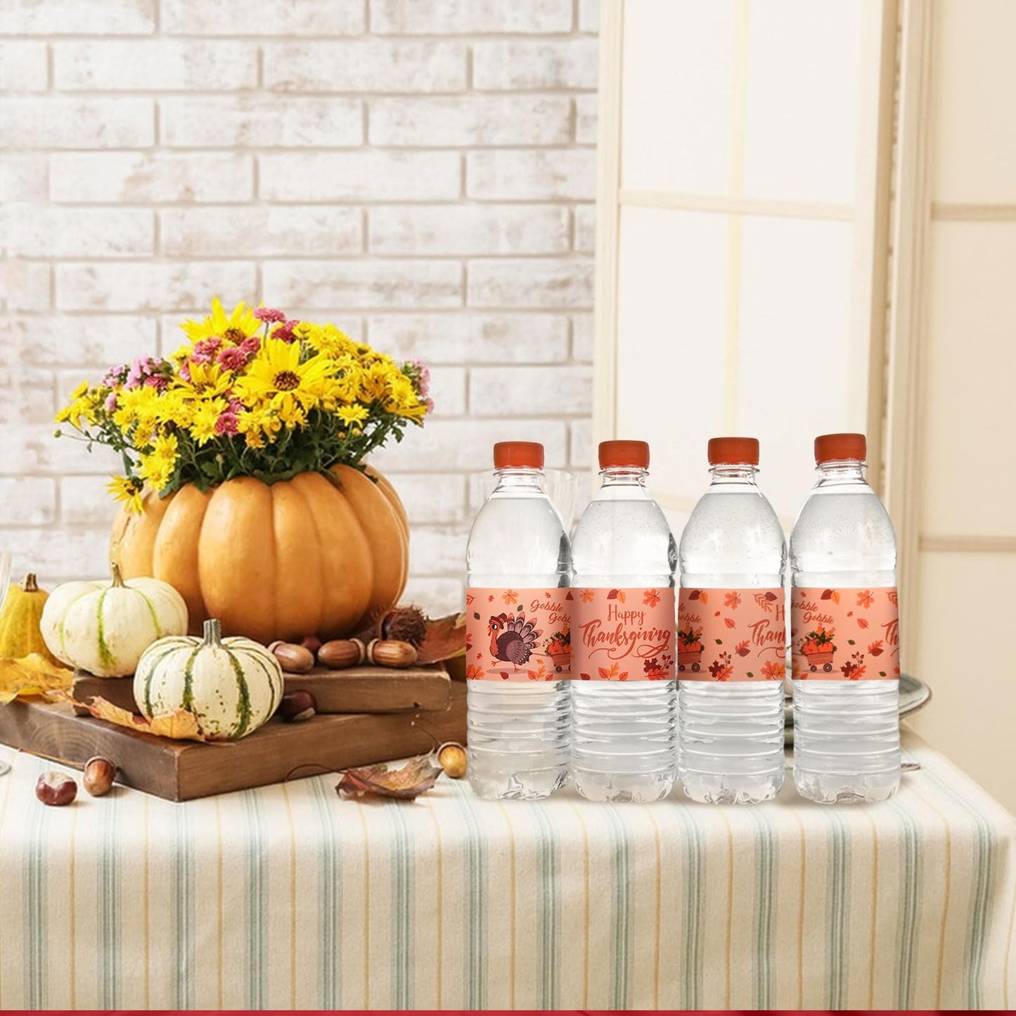48 Pcs Thanksgiving Water Bottle Labels Turkey Day Themed Stickers Drinks Wrappers for Thanksgiving Party Favors Decor Supplies Orange