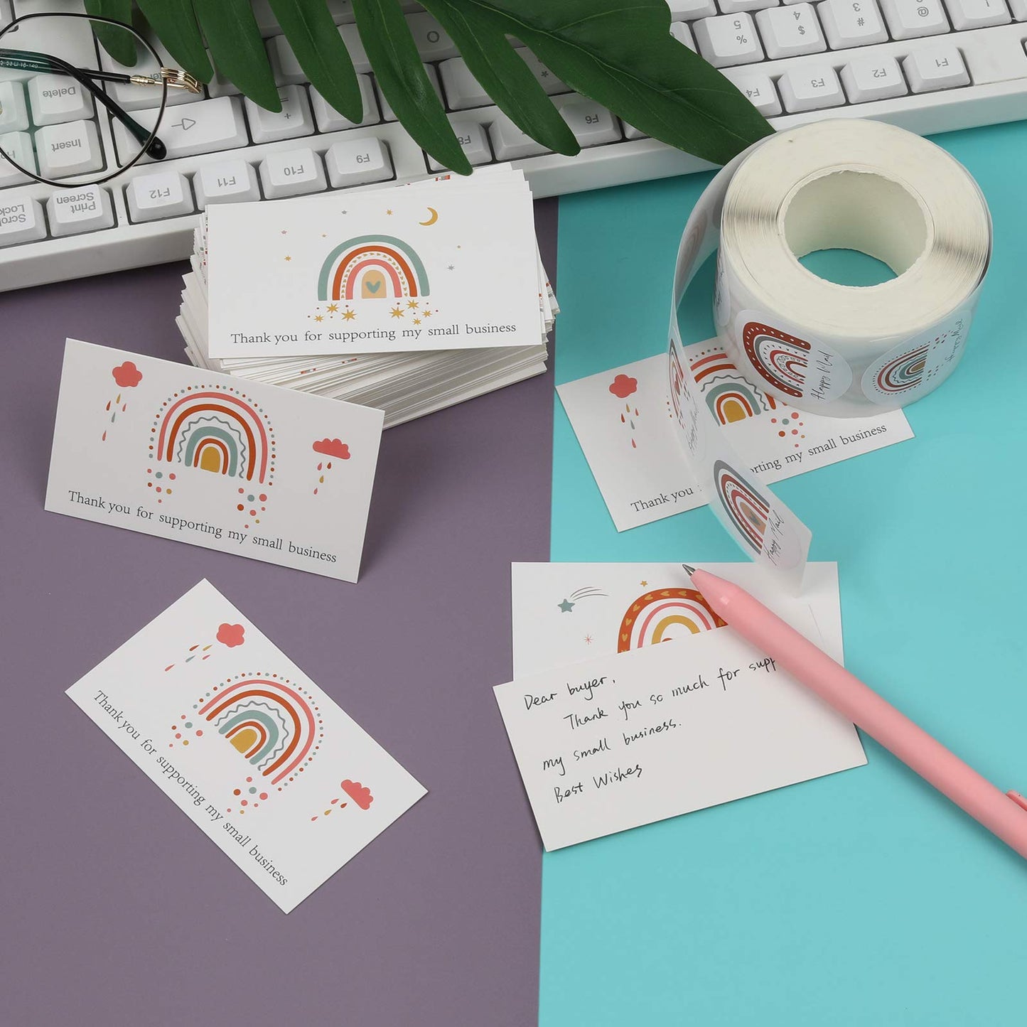620Pcs Rainbow Thank You Cards for Supporting My Small Business with Happy Mail Sticker, 120Pcs Blank Note Card with 1.5’’Sticker Labels (500Pcs/ Roll) for Small Business Owners Sellers