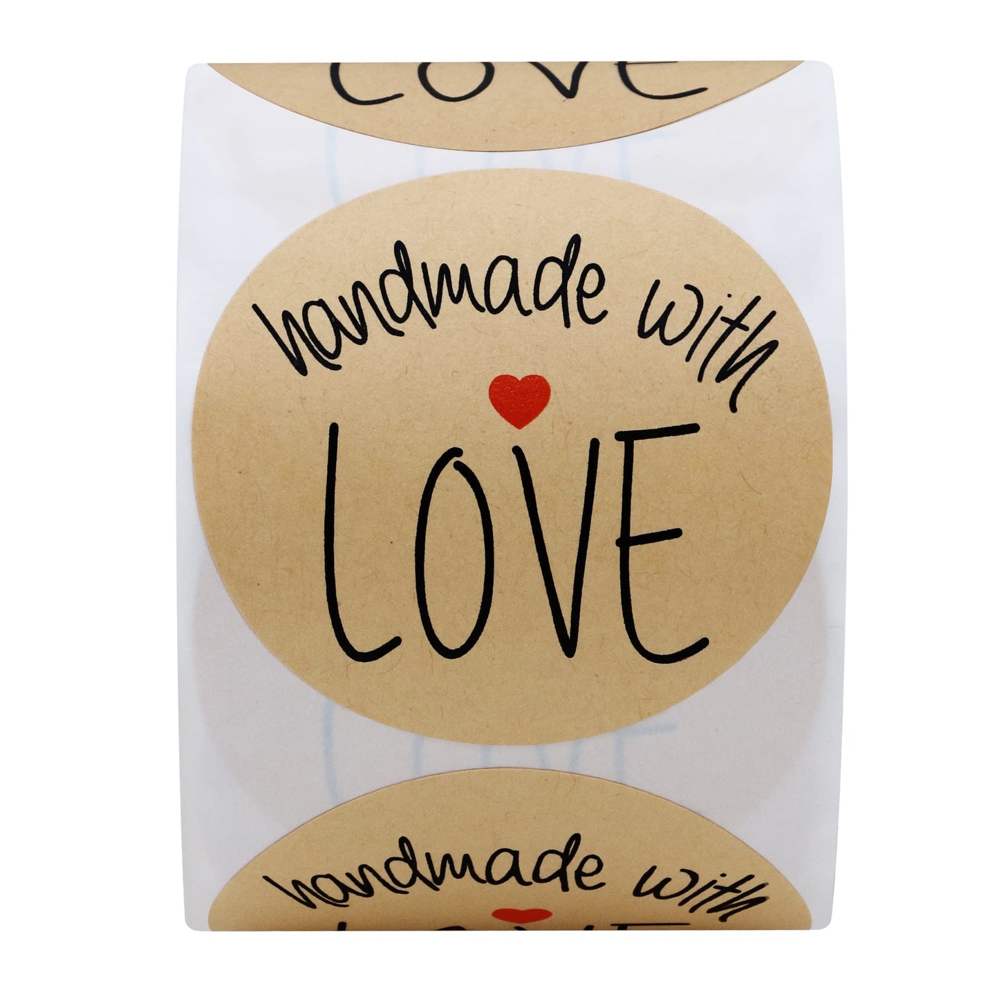 Hybsk Kraft Handmade with Love Stickers with Black Font Total 2" Round 300 Adhesive Labels Per Roll