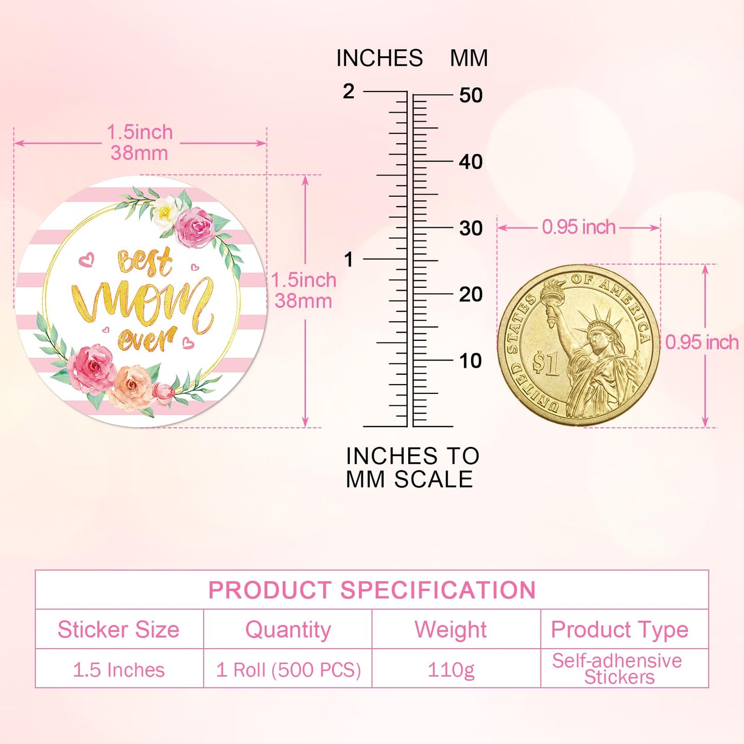 Heyfibro 1.5 Inch 500 PCS Happy Mother's Day Stickers Roll for Envelope Seals, Party Favors, Gift Boxes, Cards(Best Mom Ever) Flower Heart 1