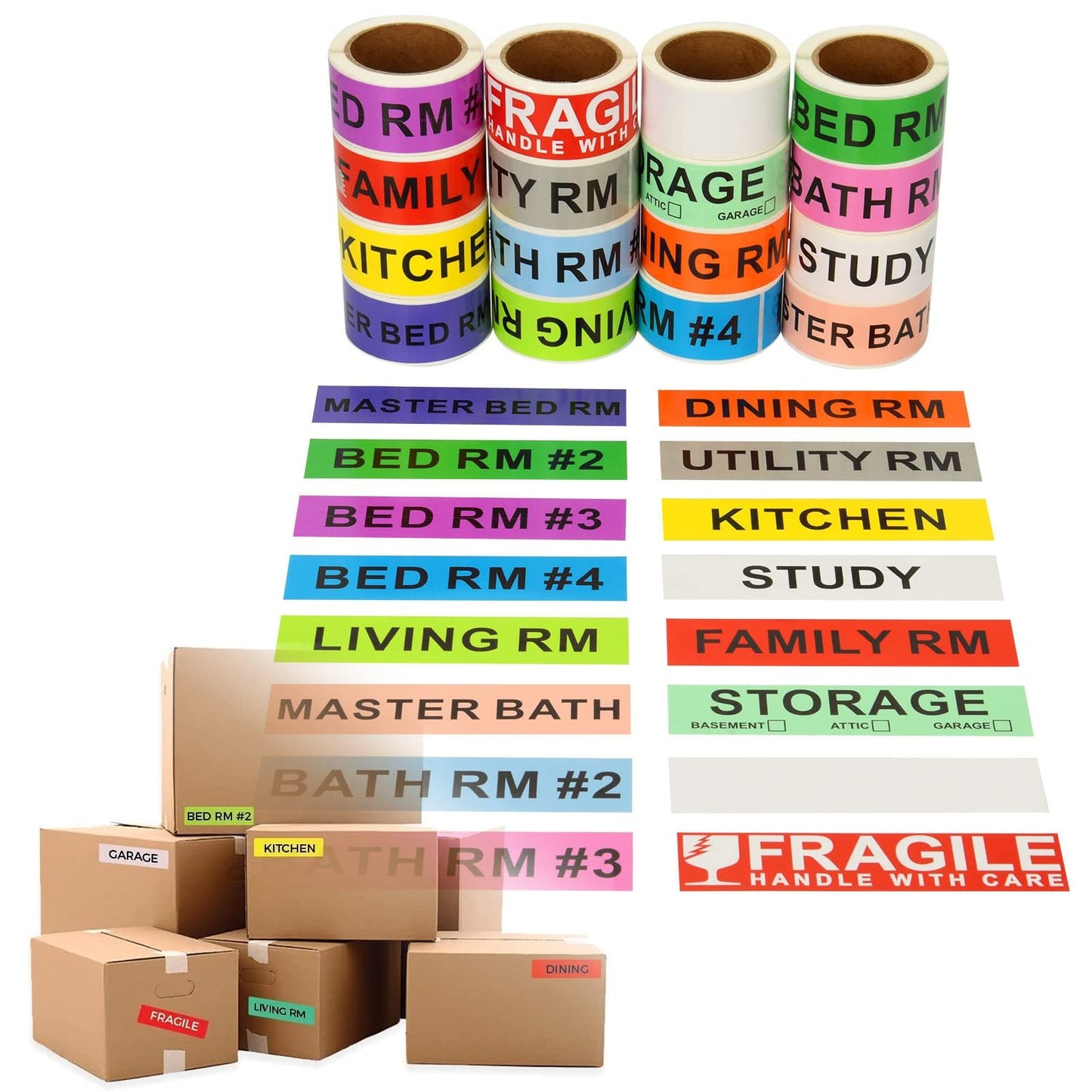 960 Count Home Moving Color Coding Labels - 14 Different Living Spaces Packing Boxes Moving Stickers + 1 Roll Fragile Stickers + 1 Roll Blank Label for Customization - 16 Rolls Total, 60 Labels/Roll