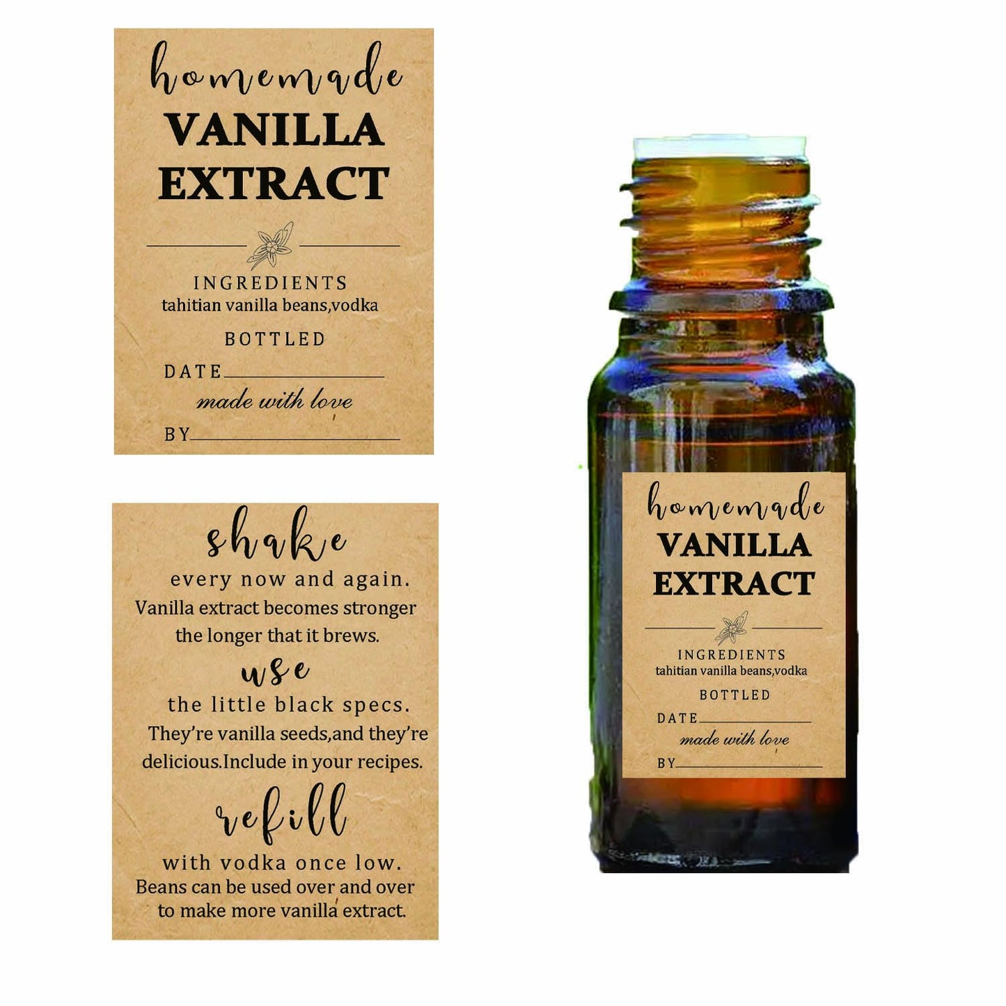 48 Pack Kraft Homemade Vanilla Extract Stickers 1.5×2 inch Square Personalized Vanilla Instruction Labels for Handcrafted Vanilla Bottles,Holiday Christmas Gifts,Jar Kitchen Pantry