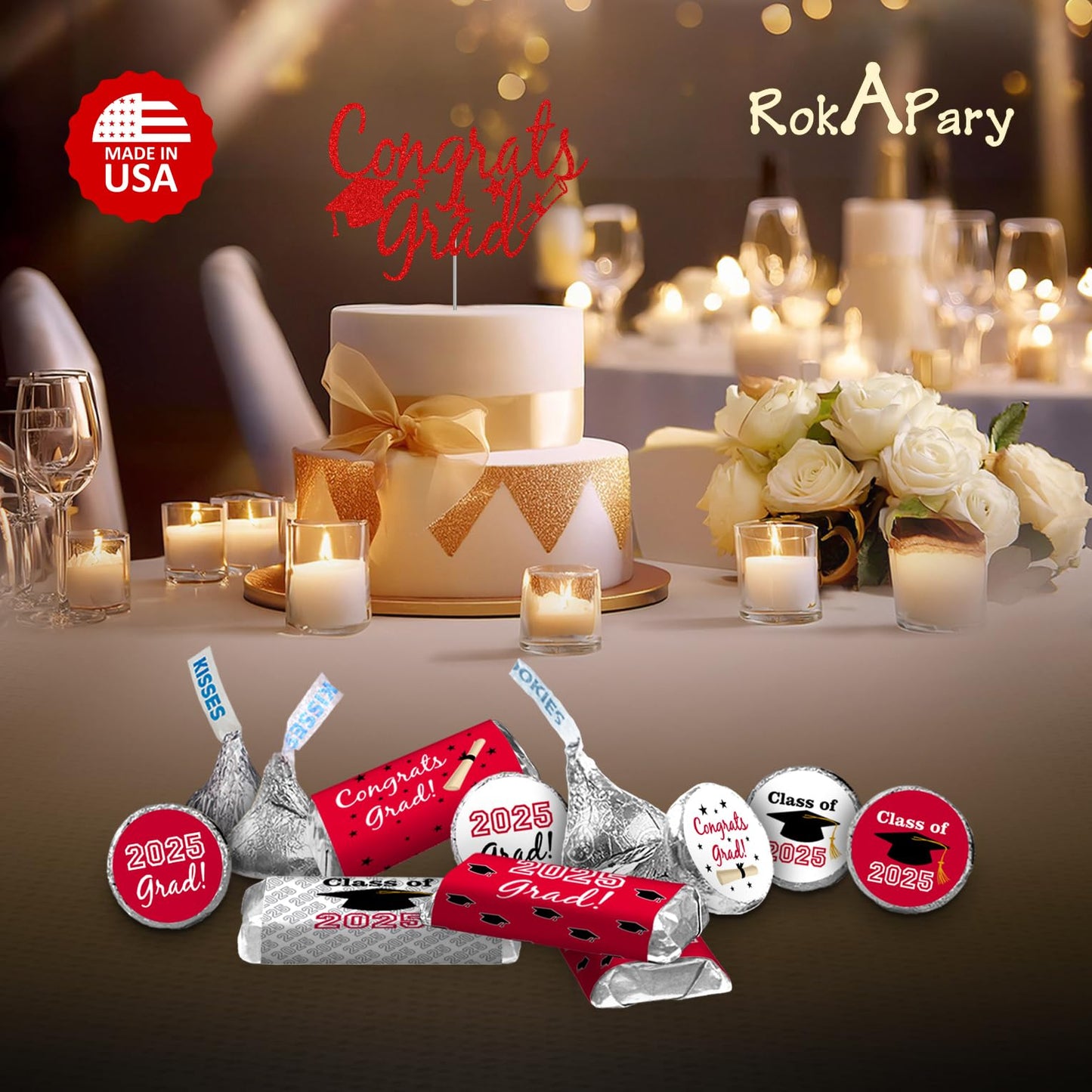216 New Graduation Party Cap Class of 2025 Favor Kisses Stickers Labels Stickers. Grad Party Favor Decorations. Made in USA (red)