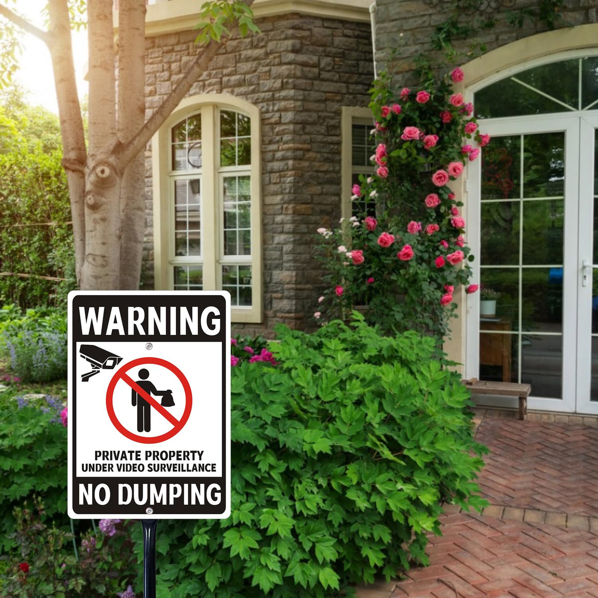 No Dumping Sign with 34.6" Stake, 10"x14" Metal No Dumping Allowed Sign, Private Property No Illegal Dumping Yard Sign with Video Surveillance Notice