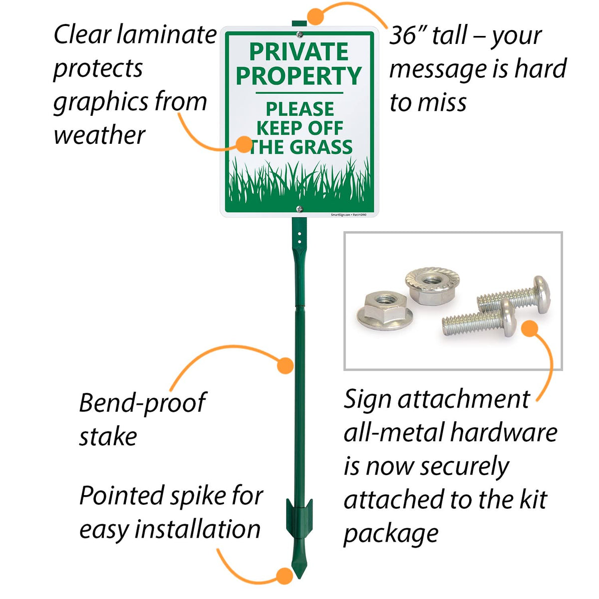 SmartSign 12 x 10 inch “Private Property - Please Keep Off Grass” LawnBoss Yard Sign with 3 foot Stake, 40 mil Laminated Rustproof Aluminum, Green and White, Set of 1