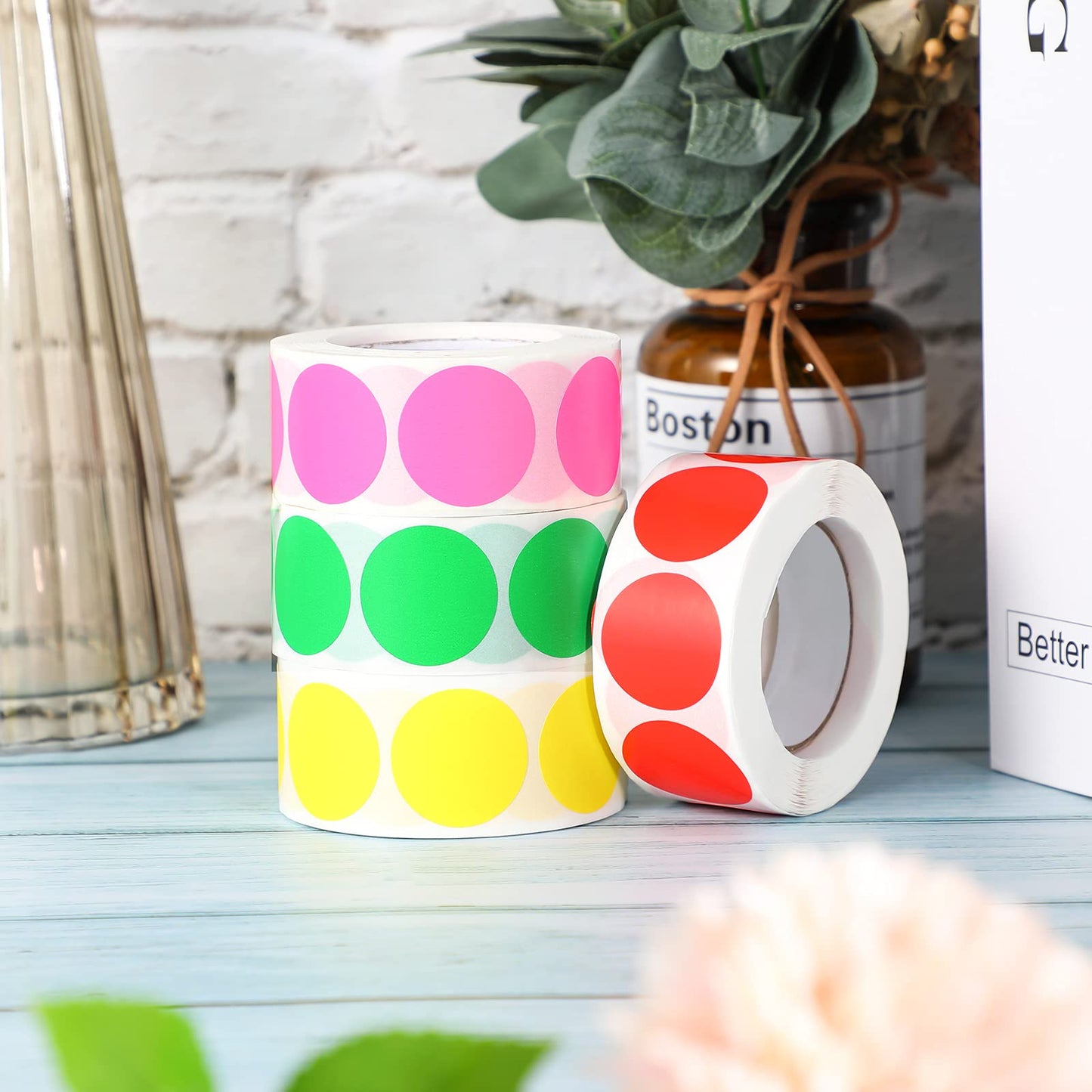 2000 Pieces 1 Inch Dot Stickers Circle Round Removable Dots Label Rolls Label Sticker for Office, Inventory Labeling(Red, Pink, Yellow, Green) Red, Pink, Yellow, Green