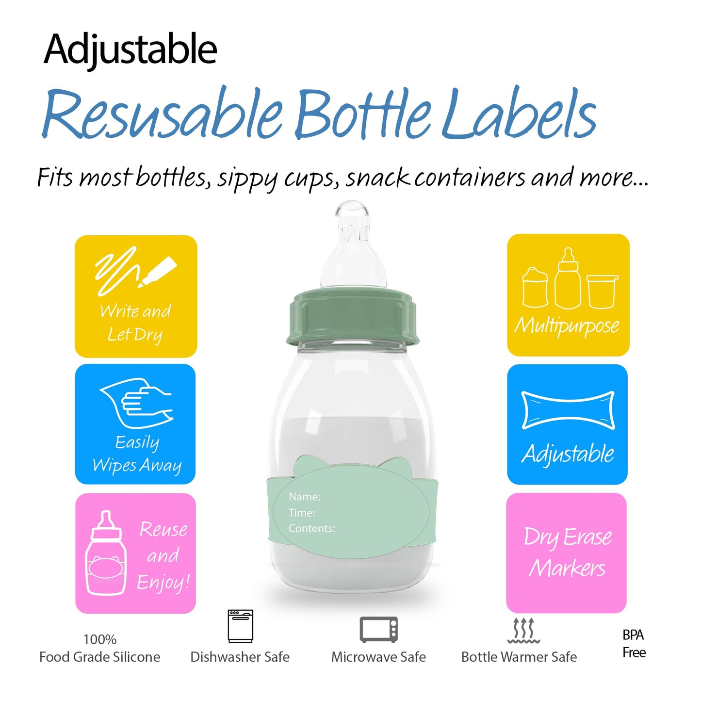 Adjustable Silicone Baby Bottle Labels with Claps- Reusable-Great for Day Care-Diswasher Safe- Waterproof- Essentials- Silicone Labels Open with Claps- Adjustable for Bottles