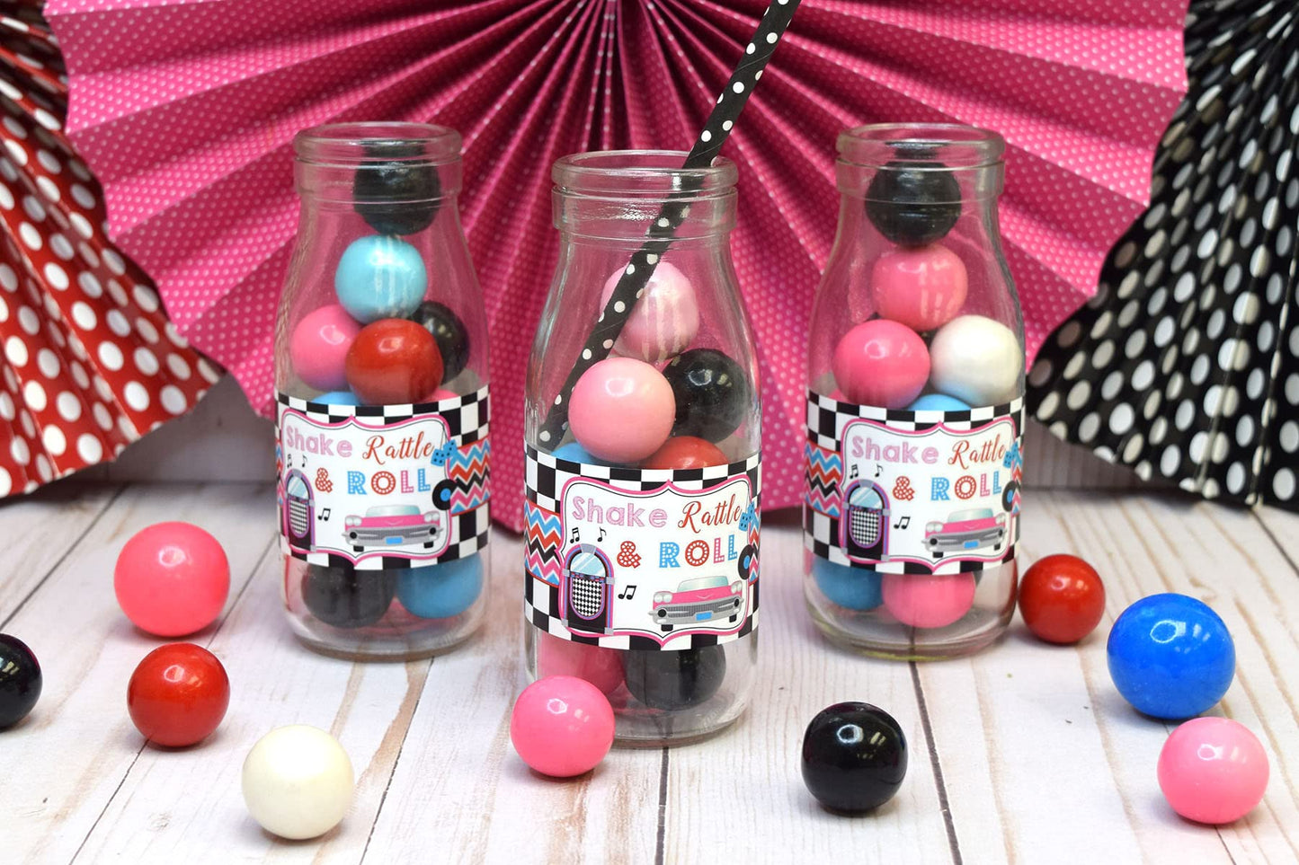 50’s Sock Hop Birthday Waterproof Water Bottle Sticker Wrappers, 20 1.75" x 8.5" Wrap Around Labels by AmandaCreation