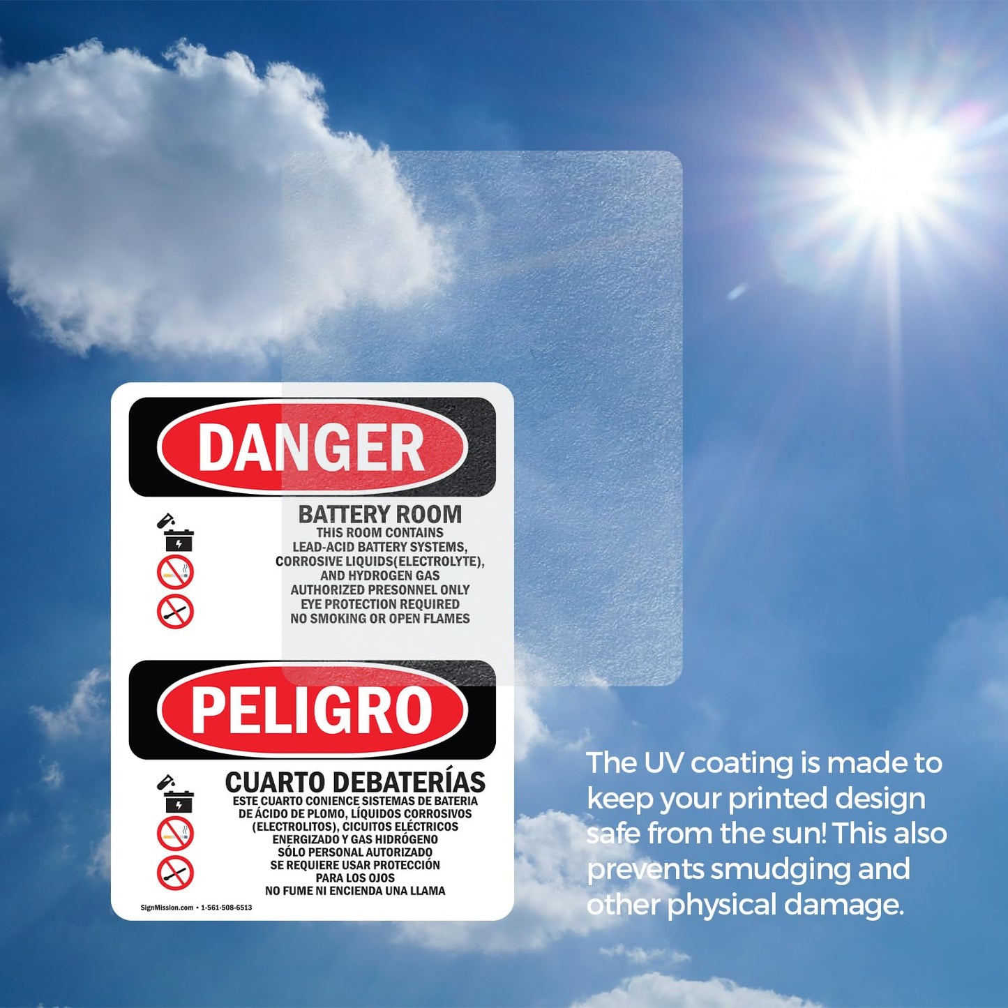 (2 Pack) Battery Room Bilingual OSHA Danger Sign 12 Inch X 18 Inch Vinyl Label Decal Sticker Weather Resistant, UV Protected for Workplace, Business, and Construction Site, Made in the USA Vinyl Decal