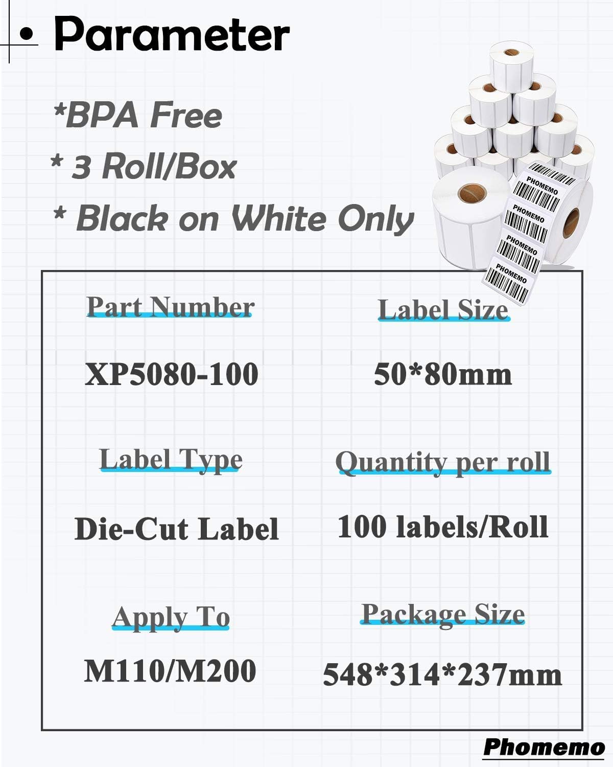 Phomemo M220 Labels - 3 Rolls, 100 Labels/Roll, Square, Black on White, 1.97"x3.15" (50x80mm), Compatible with M110/M220/M221/M120/M200 Printers 1.97" x 3.15" (50mmx80mm)