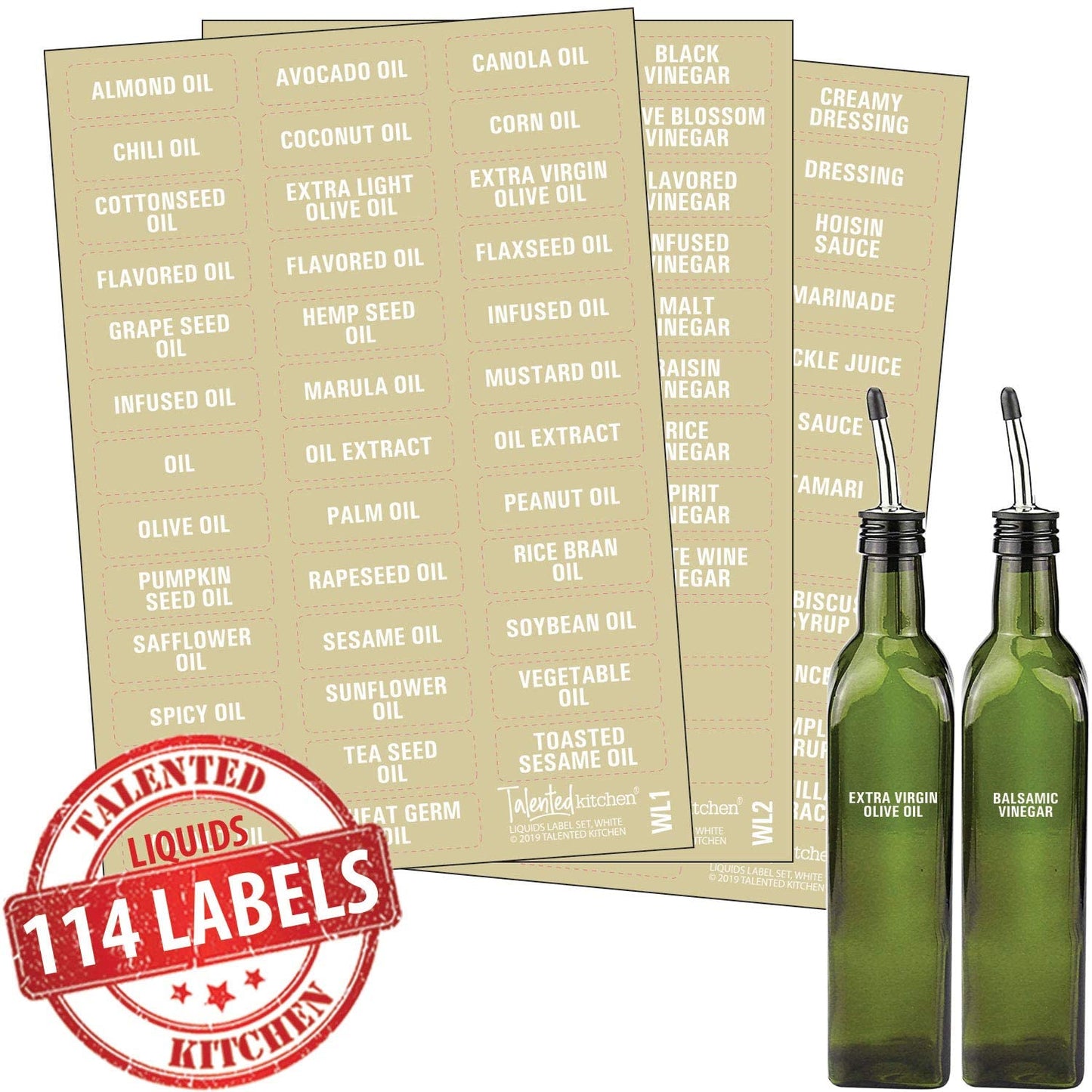 Talented Kitchen 114 White Oils, Vinegars & Liquids Label System: 114 Names of Oils, Vinegars, Sauces Syrups & Blank Labels. Clear Sticker, White Font. Preprinted Stickers White Oil, Vinegar & Sauces Labels 114 WHITE on CLEAR LIQUID LABELS