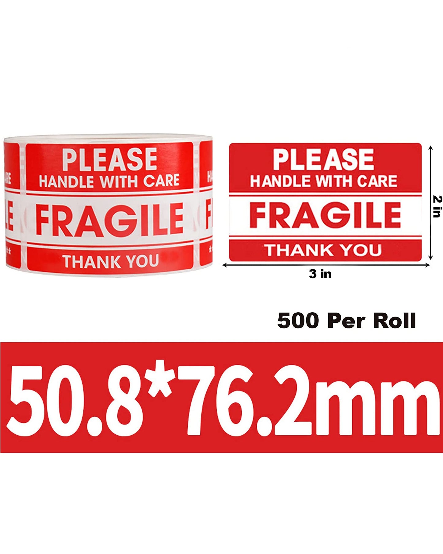 500 PER ROLL Fragile Stickers for Shipping - Handle with Care Fragile Thank You - Strong Adhesive Red Warning Shipping Moving Label Care Packing