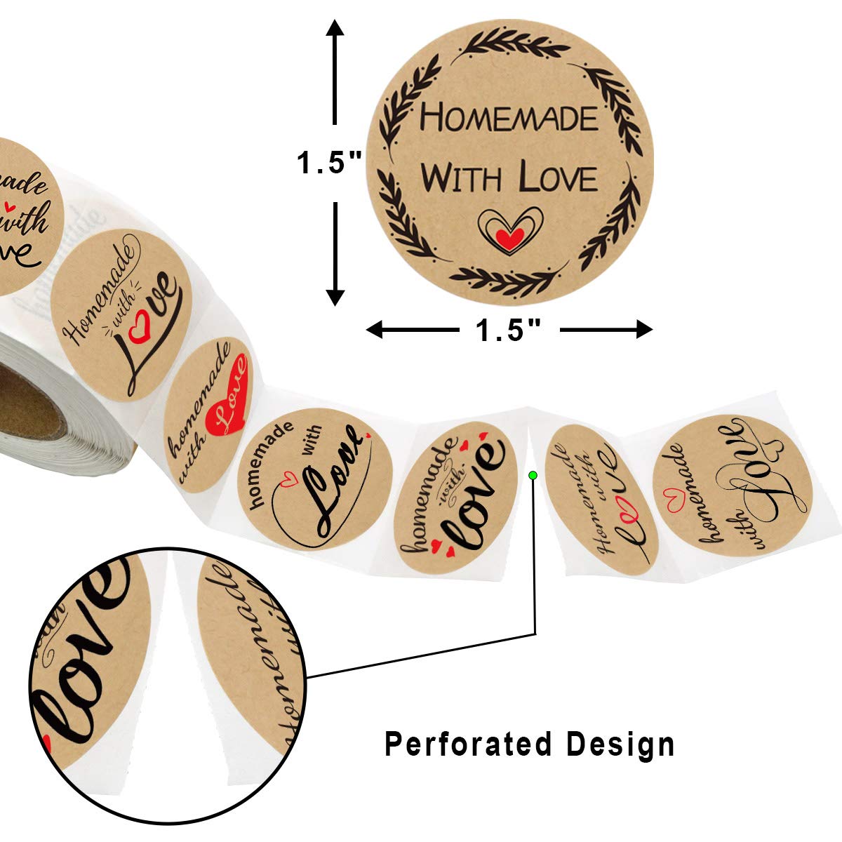 500 Pcs Homemade with Love Stickers Perforated Roll Business Sticker Labels Home Kitchen Stickers for Homemade Bread 1.5 Inch 9 Designs