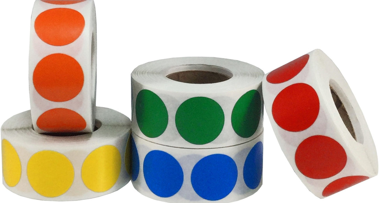 3/4" .75 Inch Round Color Coding Dot Labels - Bulk Pack - One Roll Each Red, Yellow, Green, Blue, Orange - 500 Per Color - 2,500 Total Stickers
