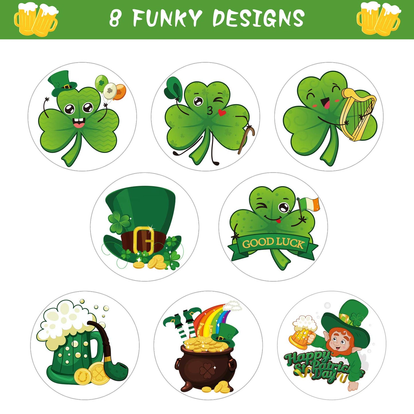 Zonon 600 Pieces St. Patrick Day Stickers Roll Cute Shamrock Leprechaun Beer Gold Coins Labels Teacher Reward Stickers Lucky Irish Decals Seals for Classroom Preschool, 1.5 inches