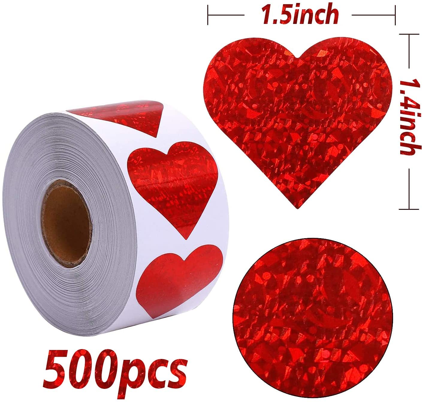 Valentines Glitter Red Heart Stickers, 1.5" Heart Decorative Labels 500 per Roll, Valentine's Day Love Decorations for Wedding, Anniversaries