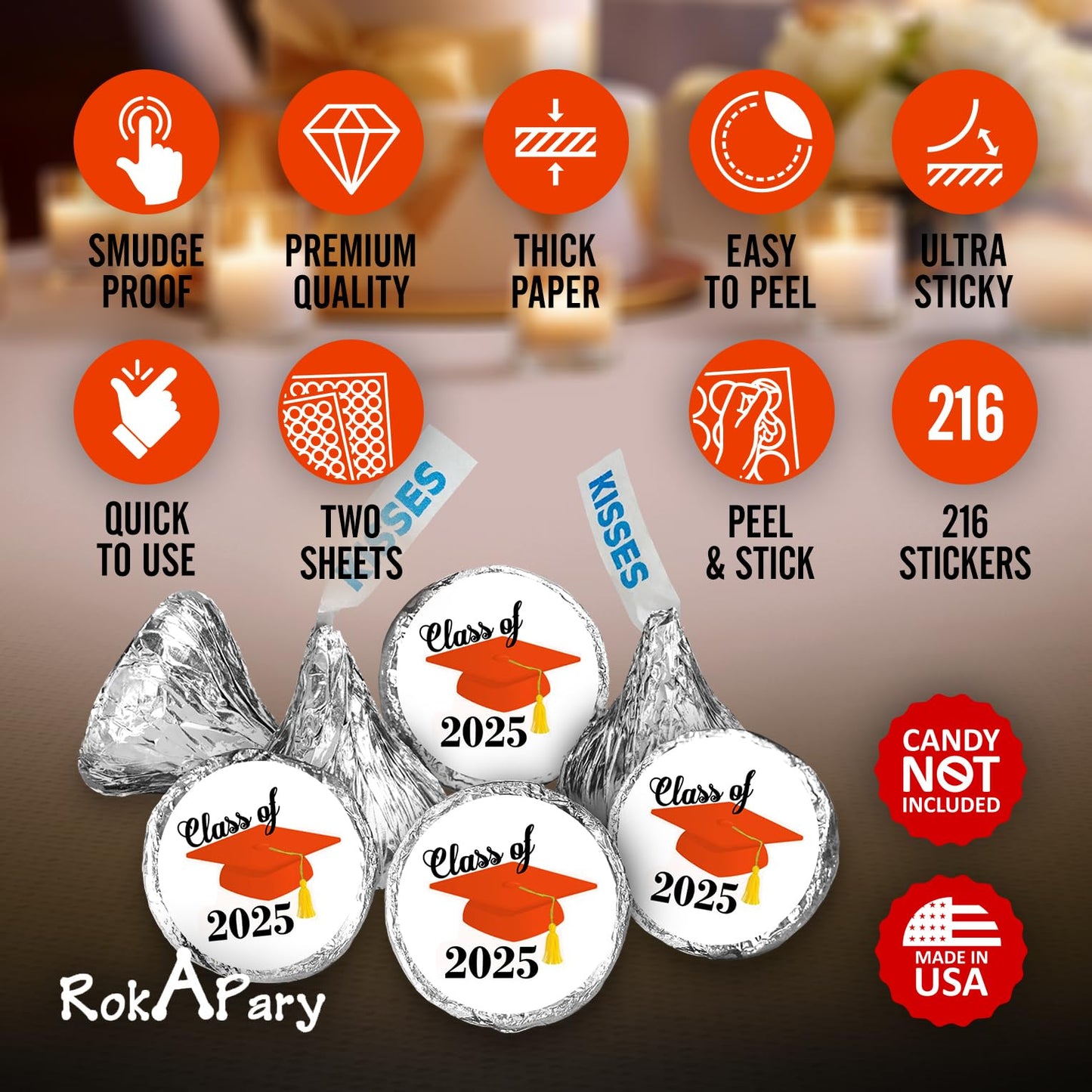 216 Graduation Party Cap Class of 2025 Kisses Stickers Labels, Grad Party Favor Decorations. Made in USA (Orange)