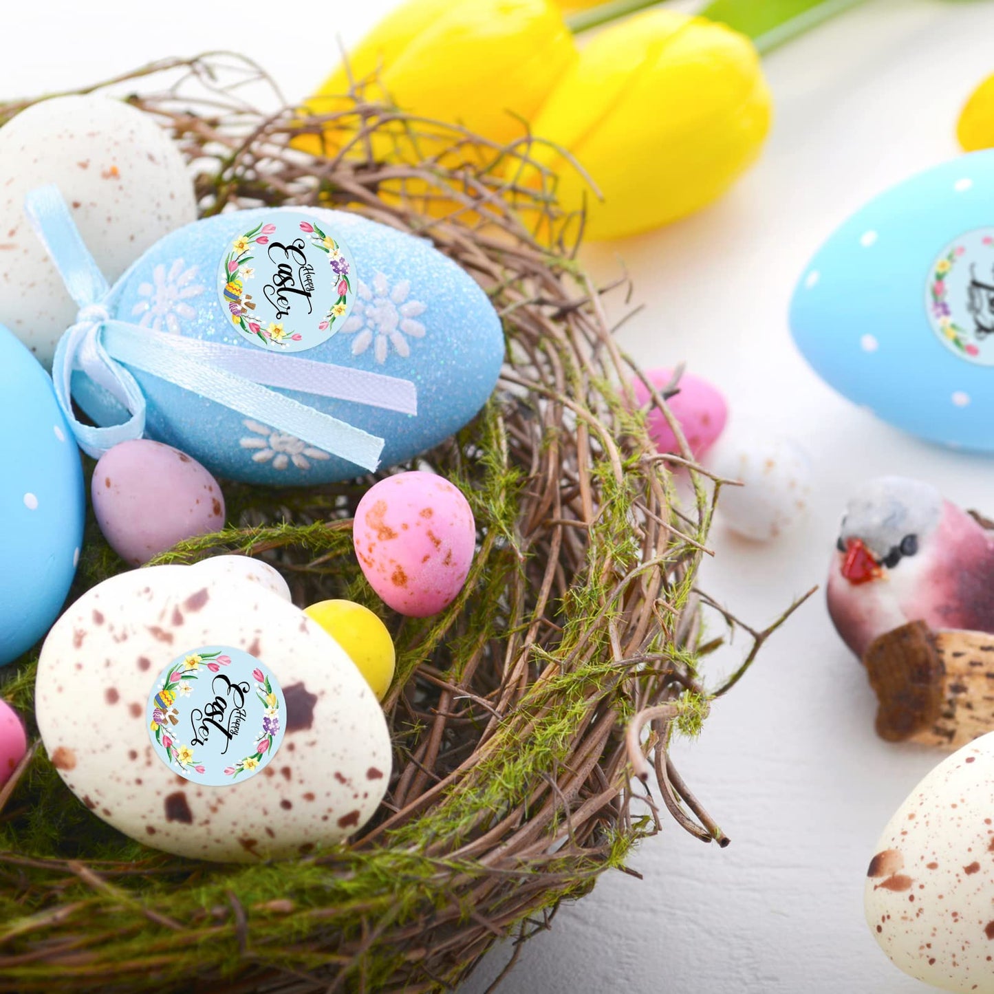 Happy Easter Sticker Rolls, 1.5 Inches 500 PCS Holiday Stickers for Kids and Adults, Round Label Stickers for Goodie Bags, Gift Favors Box, Cards, Beer Bottle, Party Supplies Floral Wreath