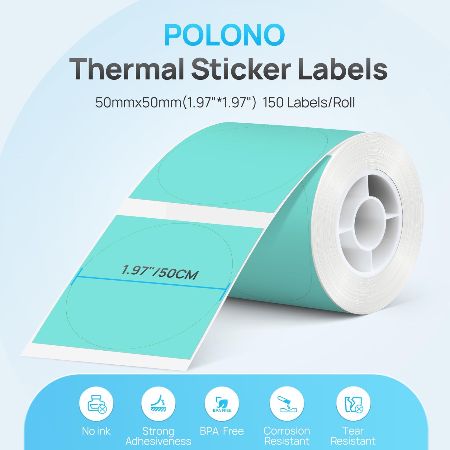 POLONO Thermal Labels for PM220S Label Maker, 1.97"x1.97" (50x50mm), Multi-Purpose Thermal Sticker Label Tape, Self-Adhesive Thermal Paper for Home, Office, 150 Labels/1Roll, Green