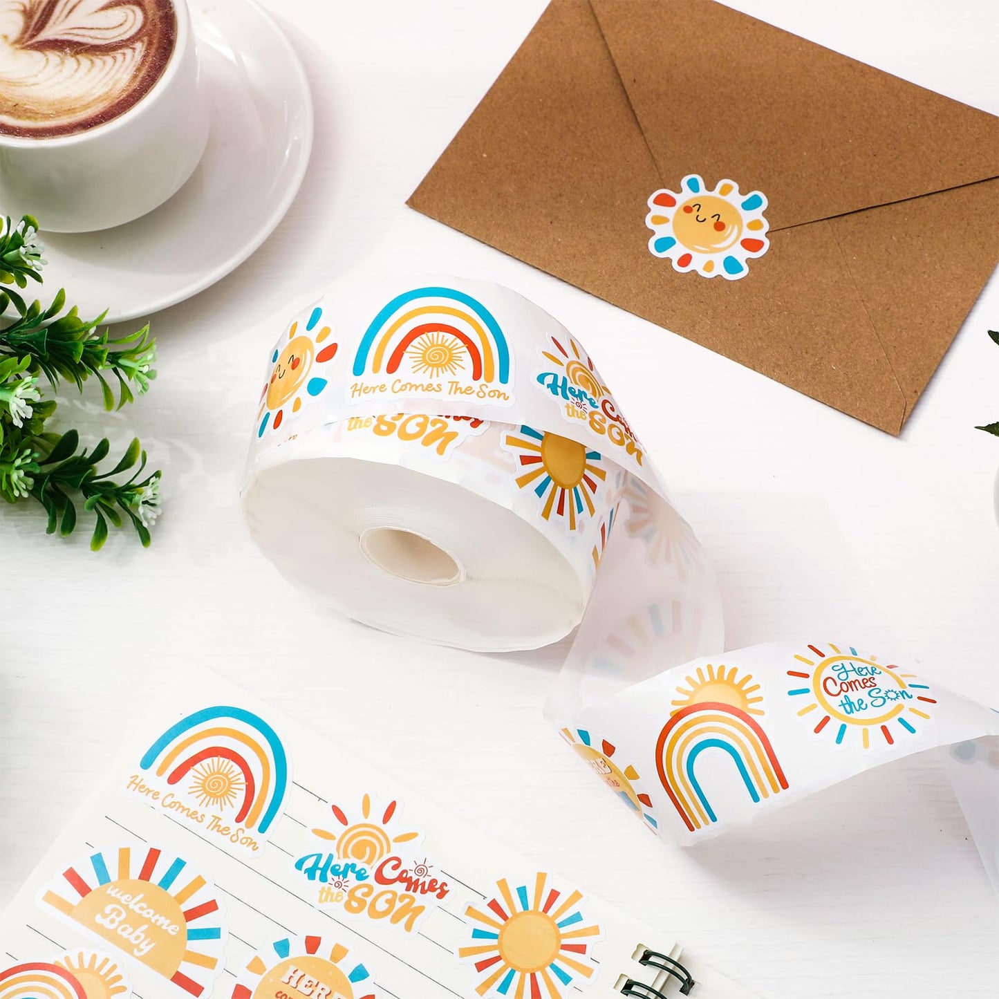 1000Pcs Boho Rainbow Decal Here Comes The Son Adhesive Sealing Labels First Trip Around The Sun Sticker for Baby Shower Birthday Party Favor, 8 Design Boho Sun Rainbow