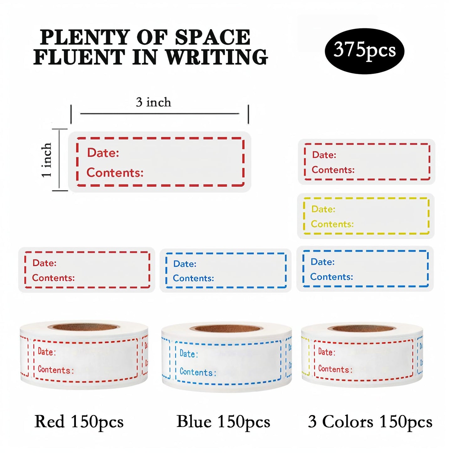 Freezer Labels 375pcs - 3"x1" Self-Adhesive Removable Food Labels | Write-On Waterproof & Oil-Proof Tape for Containers, Meal Prep & Pantry Organization (3 Rolls, 3 Colors)