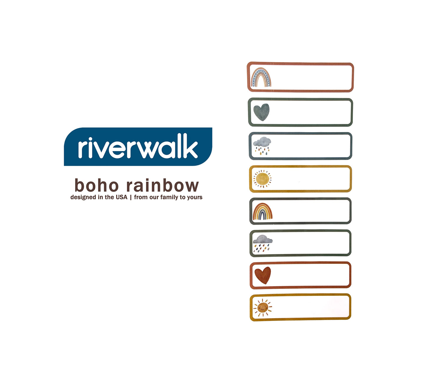 Riverwalk Original Boho Rainbow Design - Baby Bottle Labels for Daycare, Preschool, School Supplies - Waterproof Write-on Name Labels for Kids - Daycare Labels - All Purpose Labels - Pack of 32