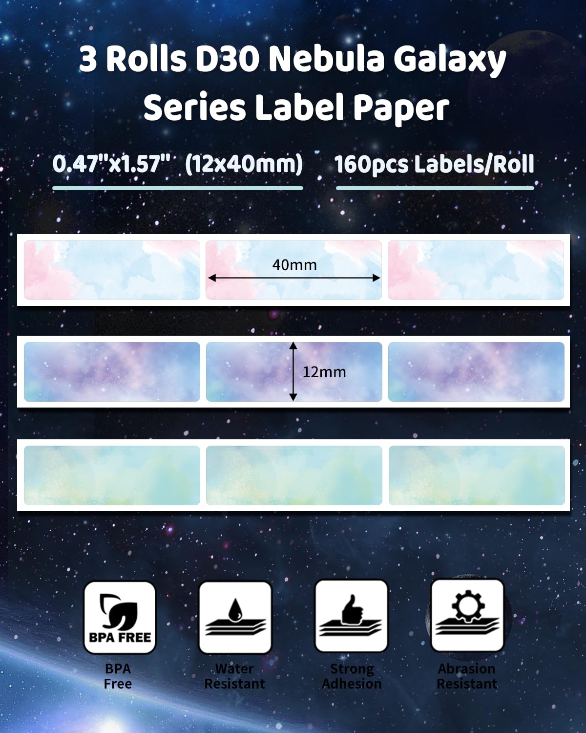 Phomemo D30 D35 Q31 Q32 Q30S Q30 Label Maker Tape, Black on Colorful Starry Sky Patterns Sticker Thermal Label Paper, Self-Adhesive Label Tape, 0.47" 12 x 40 mm (0.47 x 1.57 Inch) 3-Rolls Colorful Star Pattern 12x40 mm