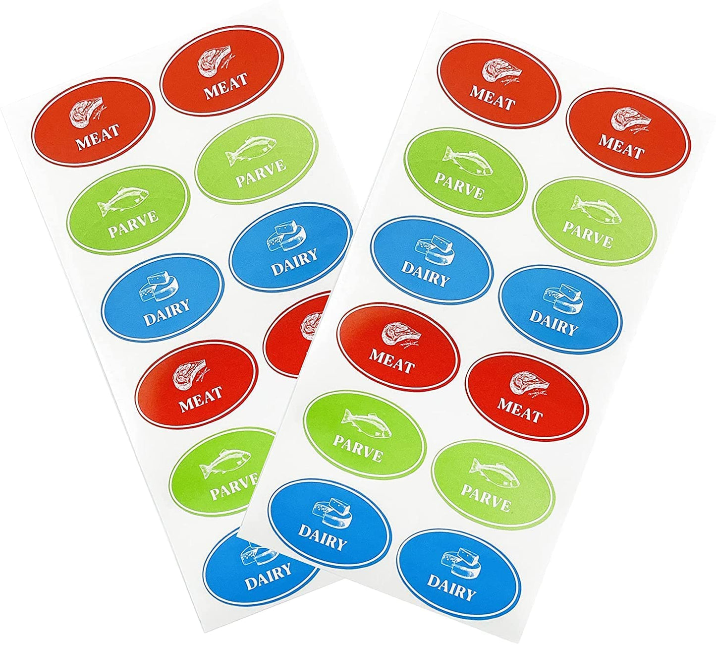 The Dreidel Company Assorted Kosher Labels, 16 Blue Dairy, 16 Red Meat, 16 Green Parve Stickers, Oven Proof up to 500°, Freezable, Microwavable, Dishwasher Safe, English, Color Coded Tools (48-Pack) 48-Pack Oval Design