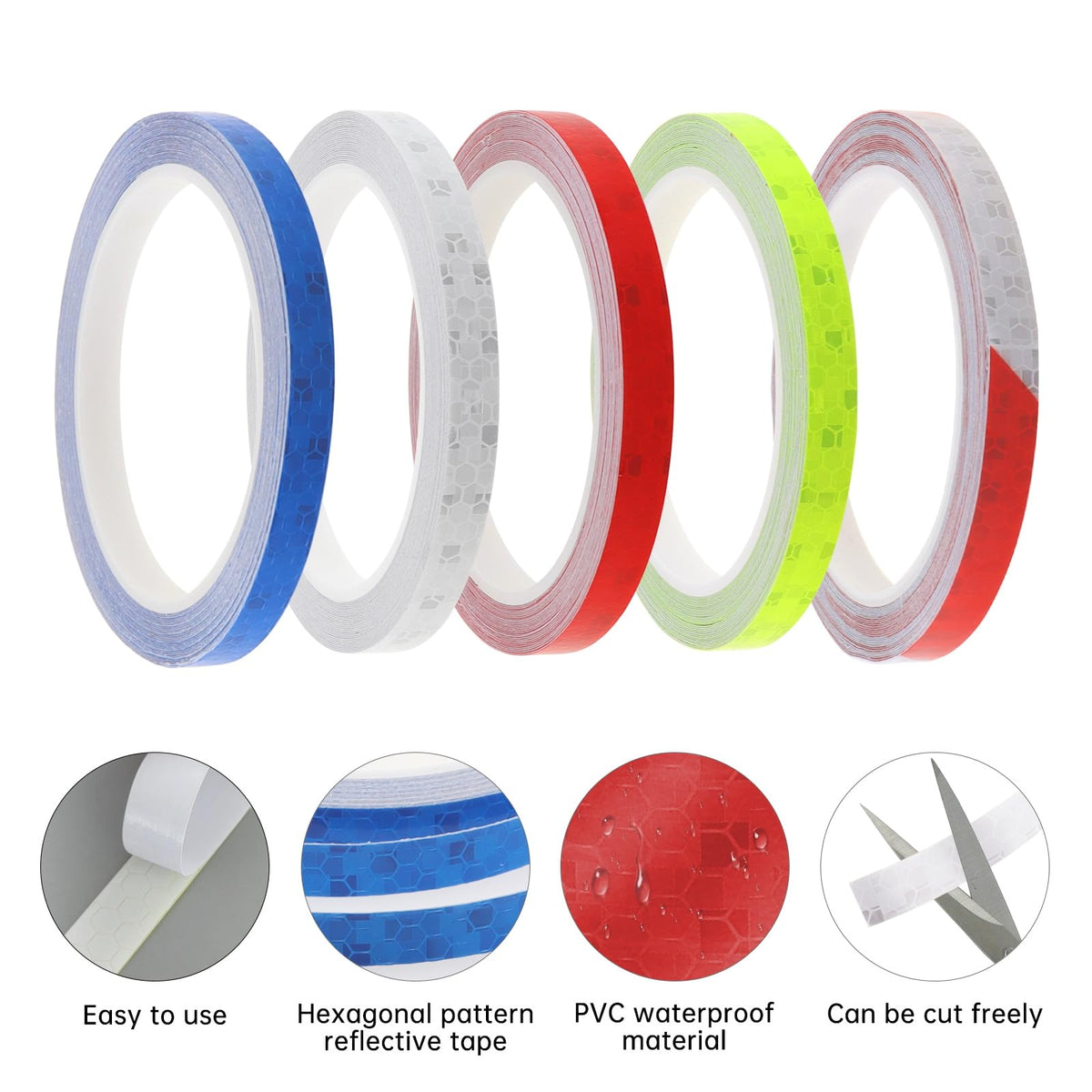 Self-Adhesive Reflective Tape - 5 Rolls Waterproof High Visibility Safety Strips for Cars, Bikes, Motorcycle, Mailbox, Helmet, Gear | 10mm x 8m, 5 Colors