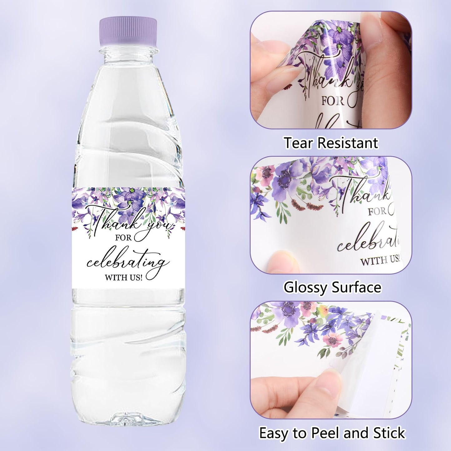 Water Bottle Labels, 50Pcs Purple Flowers Thank You for Celebrating with Us Waterproof Bottle Sticker for Wedding Birthday Graduation Baby Shower