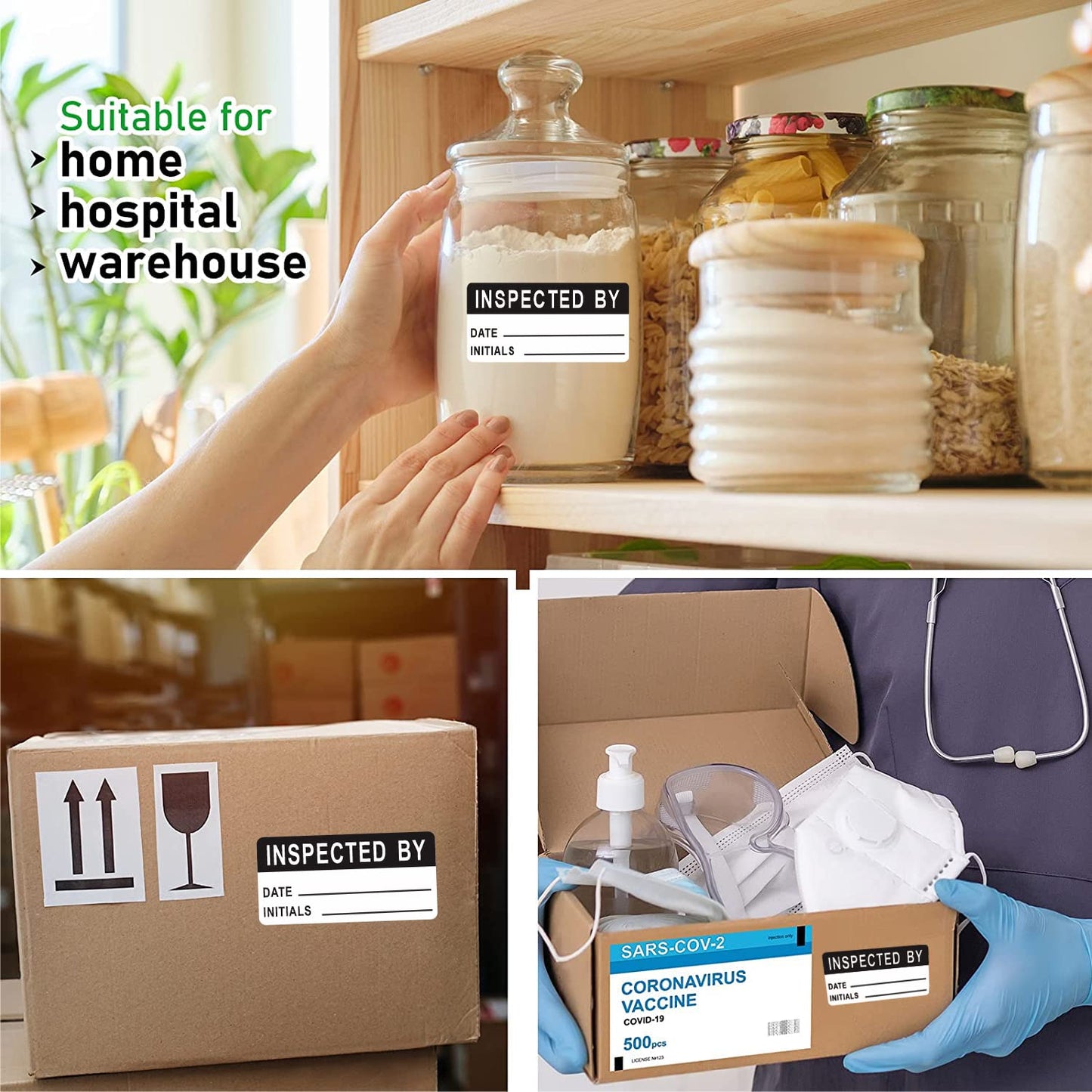 Hybsk White and Black Inspected by Labels for Inventory 1 x 2 Inch Rectangle 500 Adhesive Stickers On A Roll