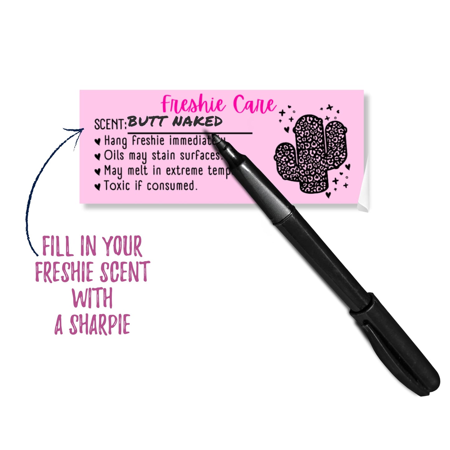 Freshie Care Instruction Card Sticker with Line to Write in Scent | 350 pc roll | Leopard Cactus Pink Warning Labels Customer Package 1x2.5”