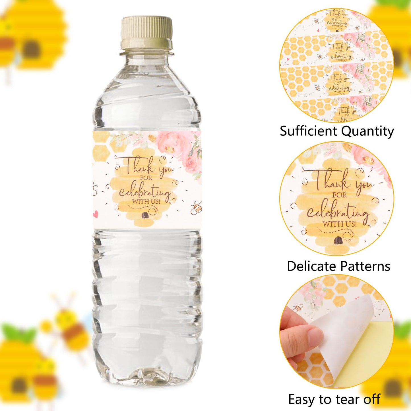 48 PCS Bee Theme Bottle Labels, Thank You for Celebrating with Us Party Decorations Bee Birthday Self-Adhesive Stickers for Water Bottle with Little Bumble Bees 48pcs
